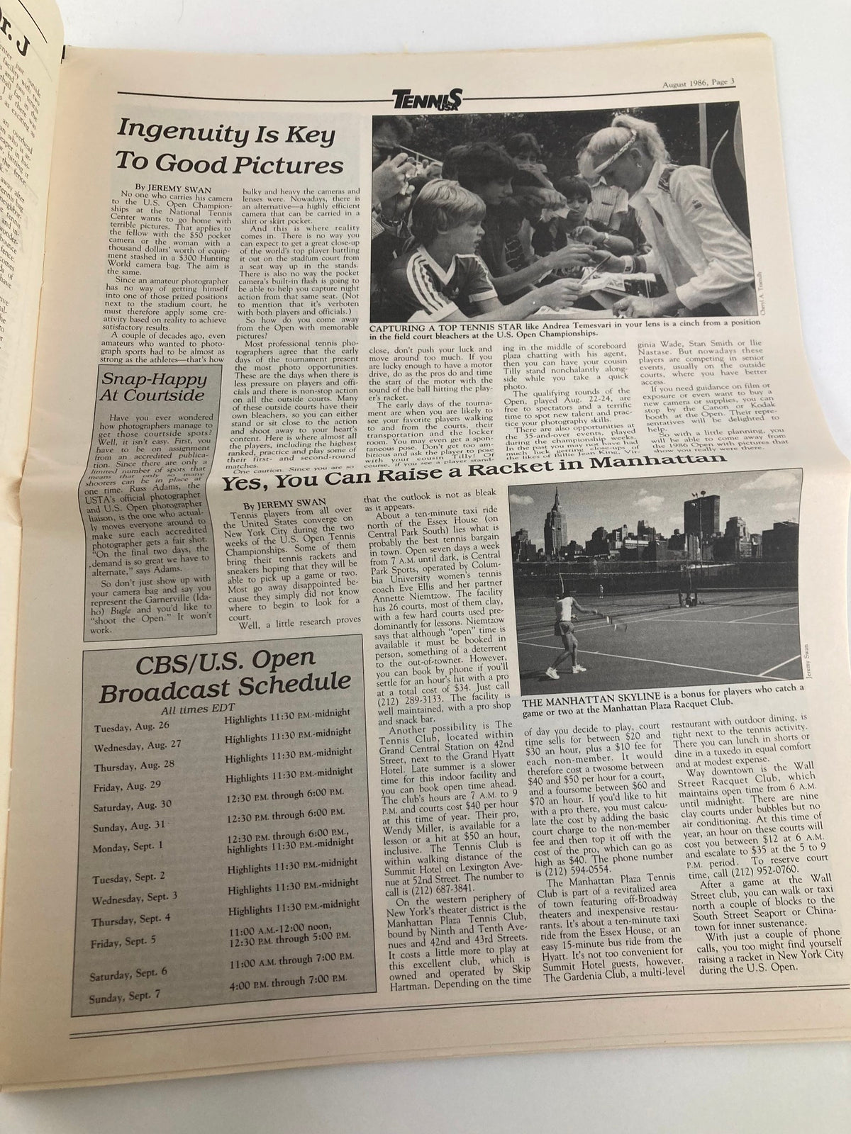 August 1986 Tennis USA Magazine page featuring articles on photography tips for capturing tennis images, a CBS/U.S. Open broadcast schedule, and insights into the U.S. Open Championship, showcasing the spirit of tennis during the 1980s.