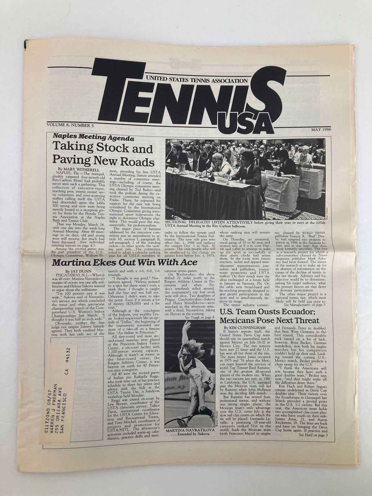 Vintage Tennis USA Magazine from May 1986, Vol 8 #5 featuring the headline 'Martina Ekes Out Win With Ace'. This issue discusses notable tennis events and includes images of the USTA Annual Meeting.