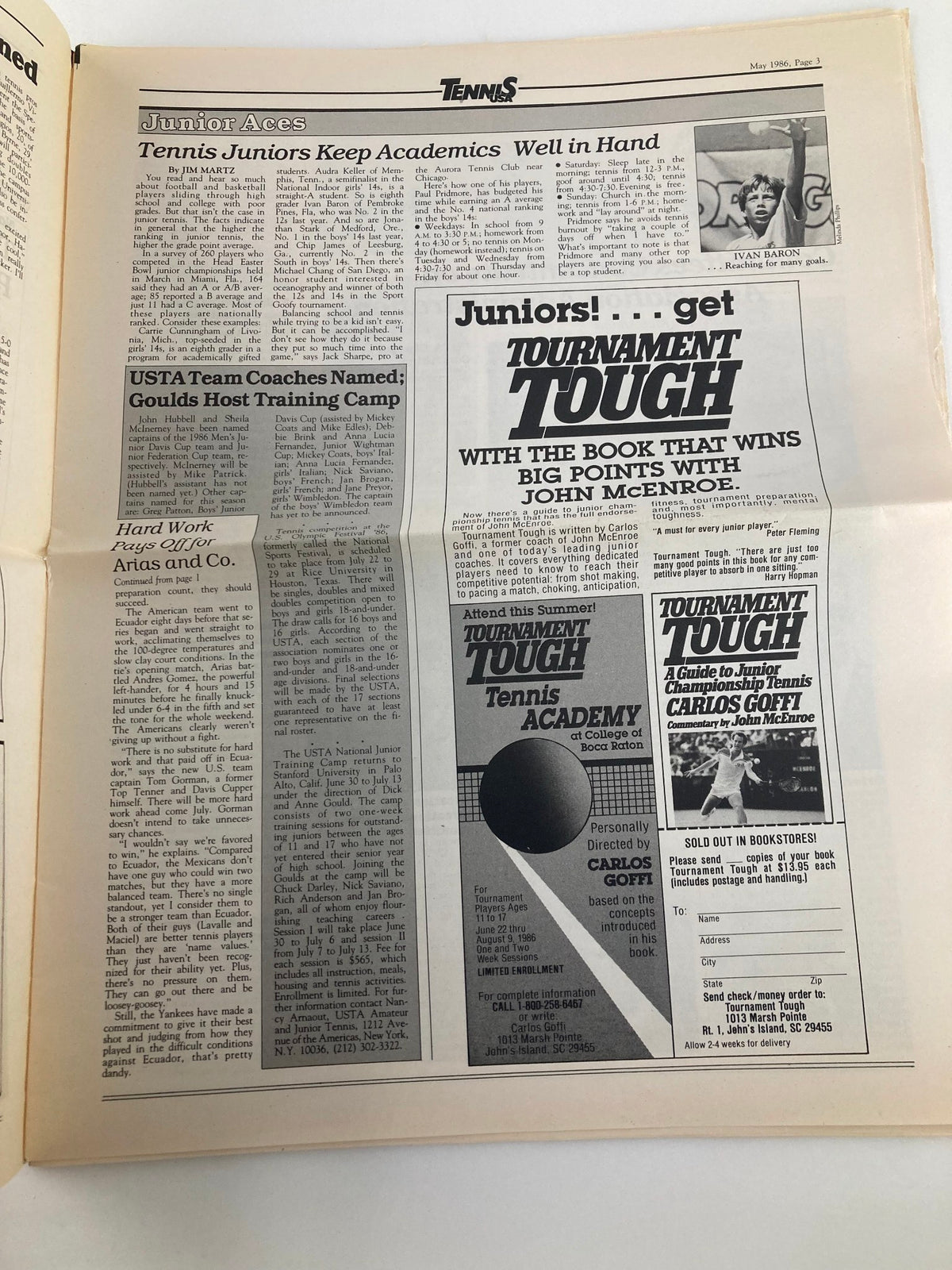 Interior page from the May 1986 Tennis USA Magazine, Vol 8 #5, featuring articles on junior tennis players and training camps. Highlighting the scale of tennis youth initiatives and advertisements for tournament preparation.