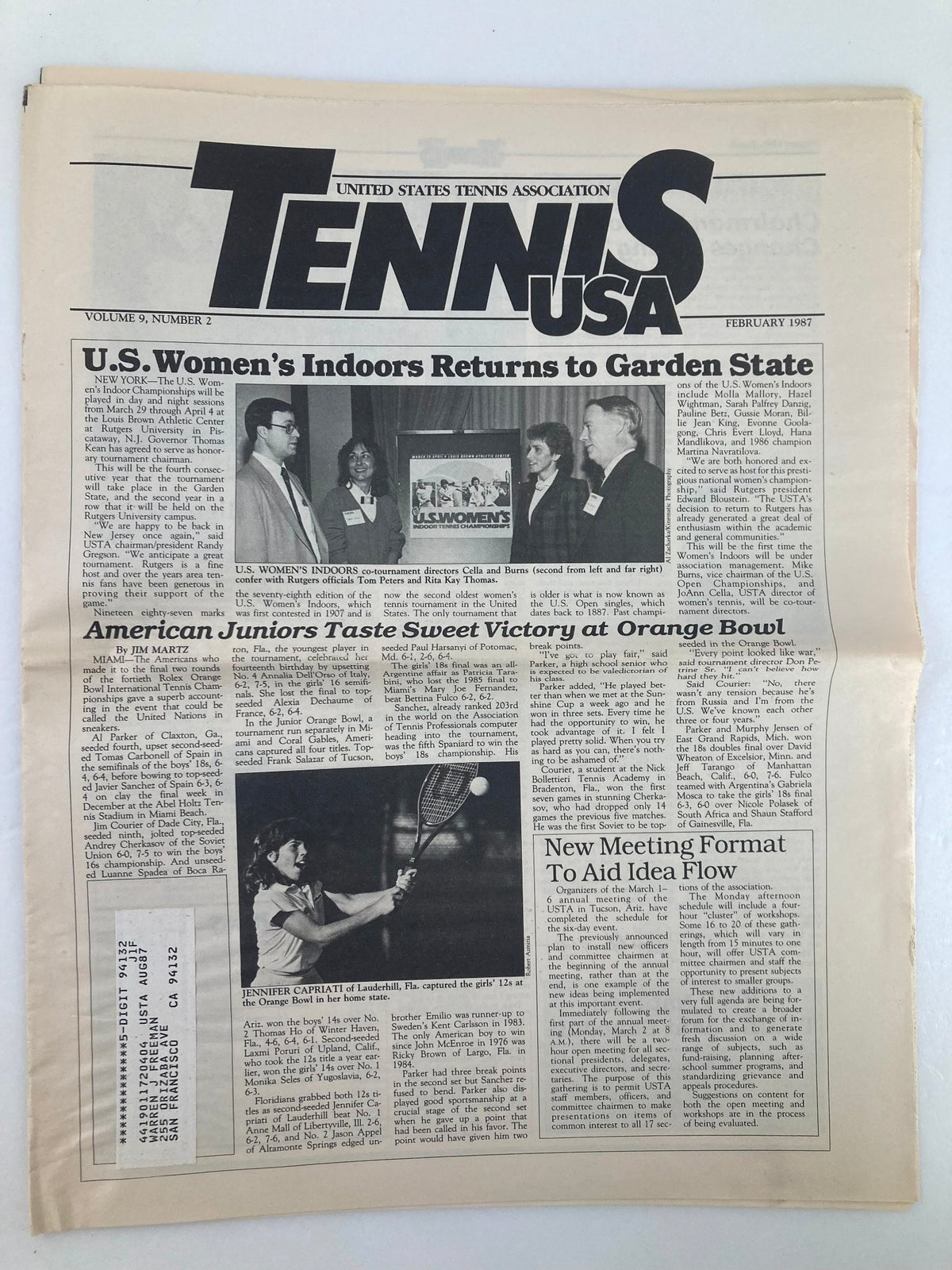 VTG Tennis USA Magazine February 1987 Vol 9 #2 showcasing an article about U.S. Women's Indoor Tennis Championships, featuring event details and images of tennis professionals.