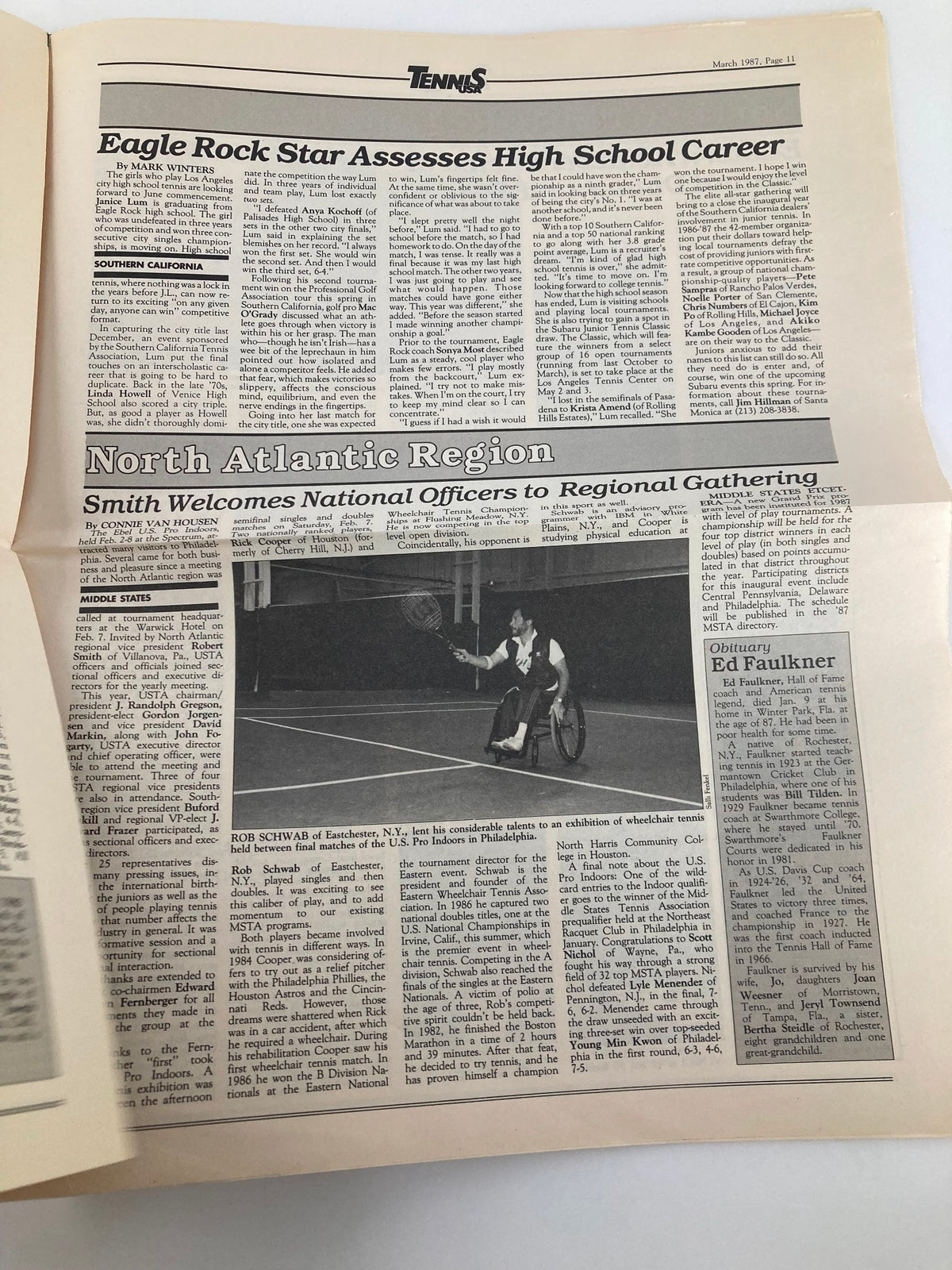 Inside page of Vintage Tennis USA Magazine March 1987, Volume 9, featuring content about high school tennis careers and wheelchair tennis, highlighting relevant events and articles.