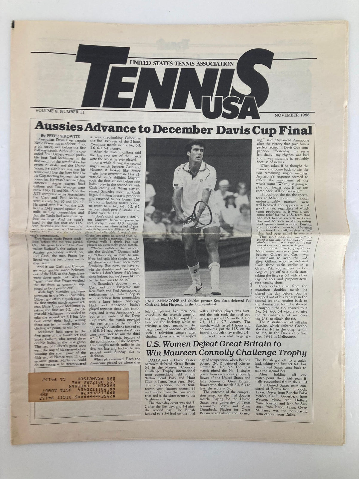 Front page of VTG Tennis USA Magazine November 1986 featuring article on Davis Cup Finals, Paul Annacone, and women's tennis achievements.