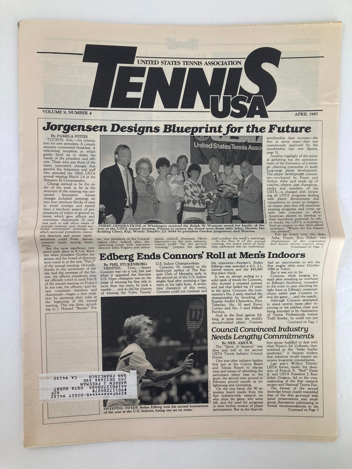 VTG Tennis USA Magazine April 1987 Vol 9 #4 cover featuring articles on tennis, including a section on the 'Generations of Whitlingers' and coverage of Stefen Edberg's tennis achievements.