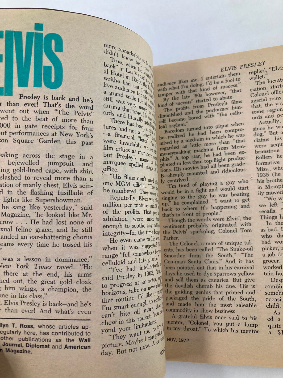 Article about Elvis Presley from the November 1972 issue of Movie Digest Magazine, highlighting his career resurgence.