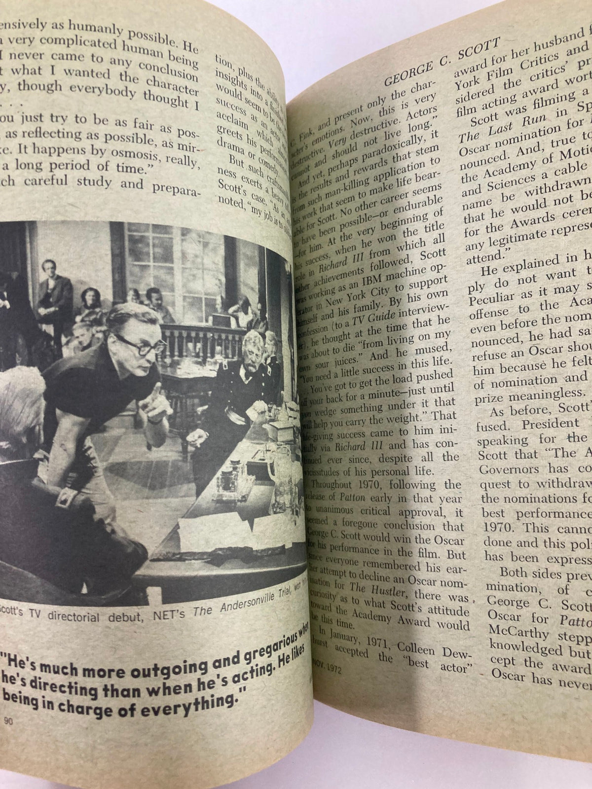 Article spread from the VTG Movie Digest Magazine November 1972 Vol 1 #6 featuring a discussion about actor George C. Scott, reflecting the entertainment insights of the early 70s.