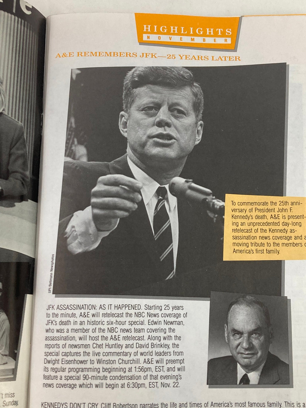 VTG A&E Cable Network Program Guide November 1988 featuring John F. Kennedy during a speech, highlighting the JFK Assassination's 25th anniversary and related programming.