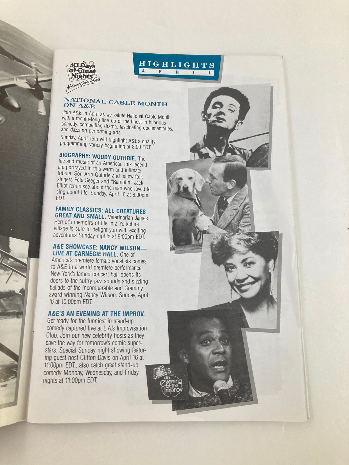 VTG A&E Cable Network Program Guide April 1989 featuring highlights of the month, including programs on Woody Guthrie, Nancy Wilson, and A&E's Evening at the Improv.