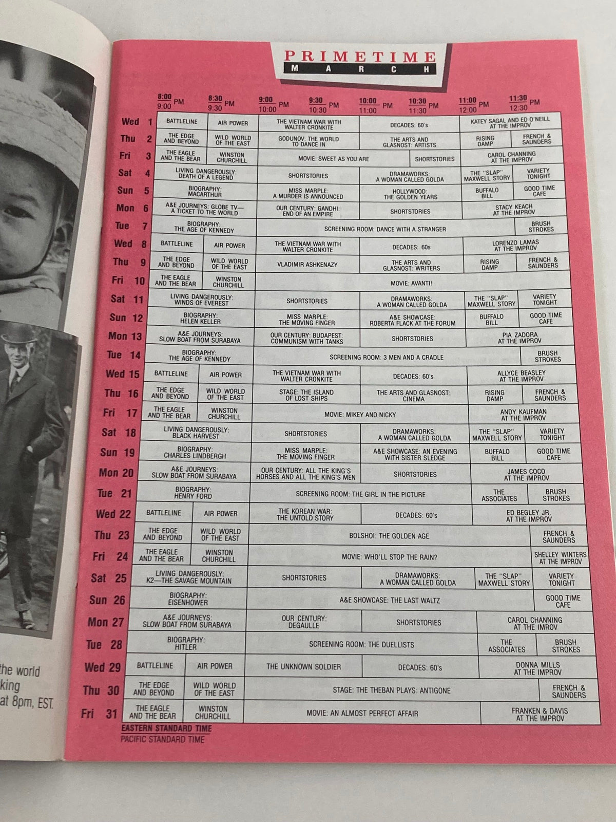 Inside view of the VTG A&E Cable Network Program Guide March 1989 displaying the primetime schedule for A&E programming, featuring shows and time slots.