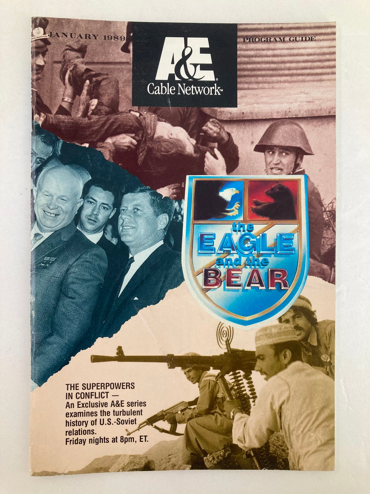 Vintage A&E Cable Network Program Guide for January 1989 titled The Eagle and The Bear, featuring historic imagery related to U.S.-Soviet relations and details about A&E programming.