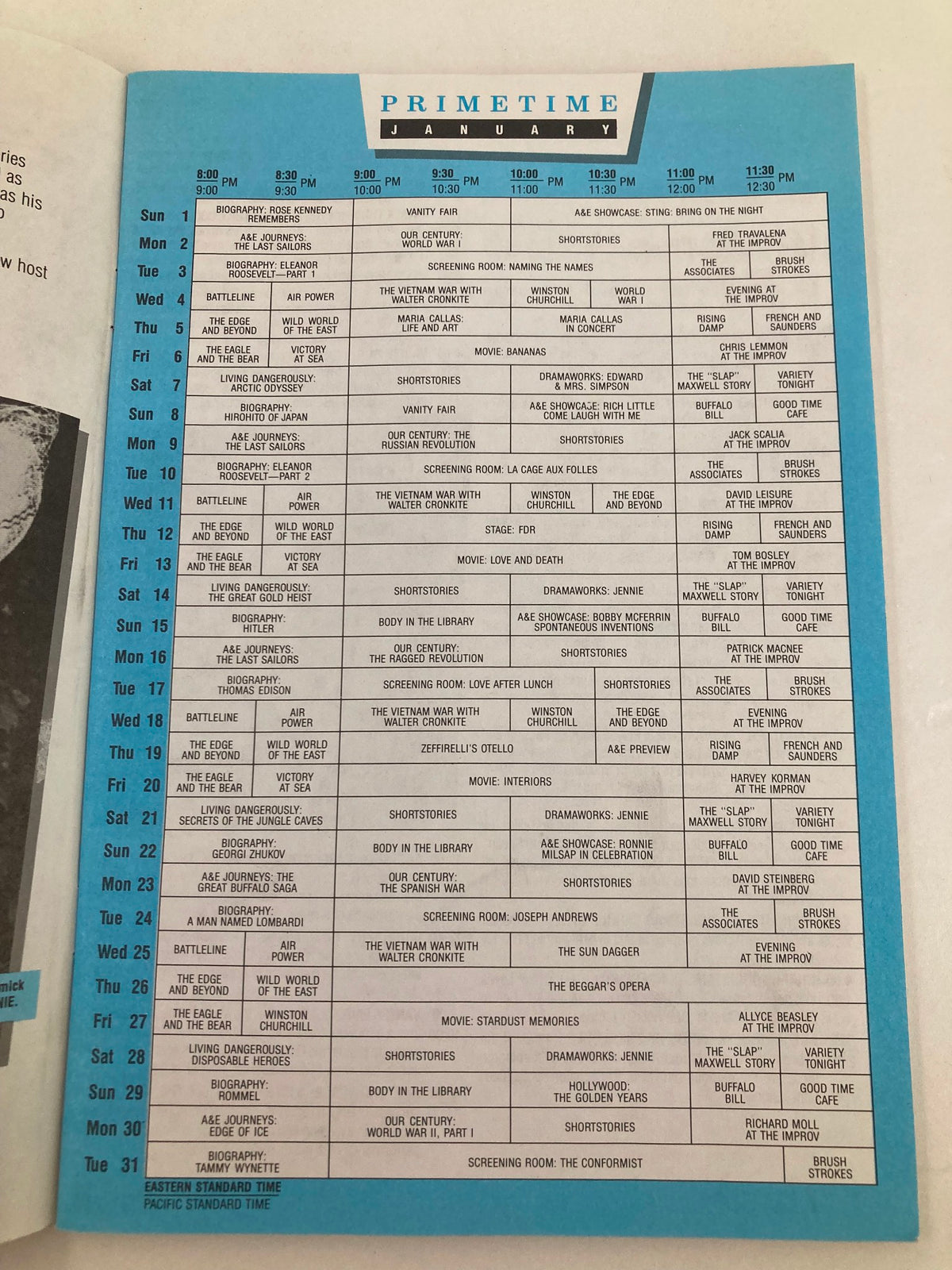 Inside page of the January 1989 A&E Cable Network Program Guide titled The Eagle and The Bear, displaying the primetime television schedule for the month.