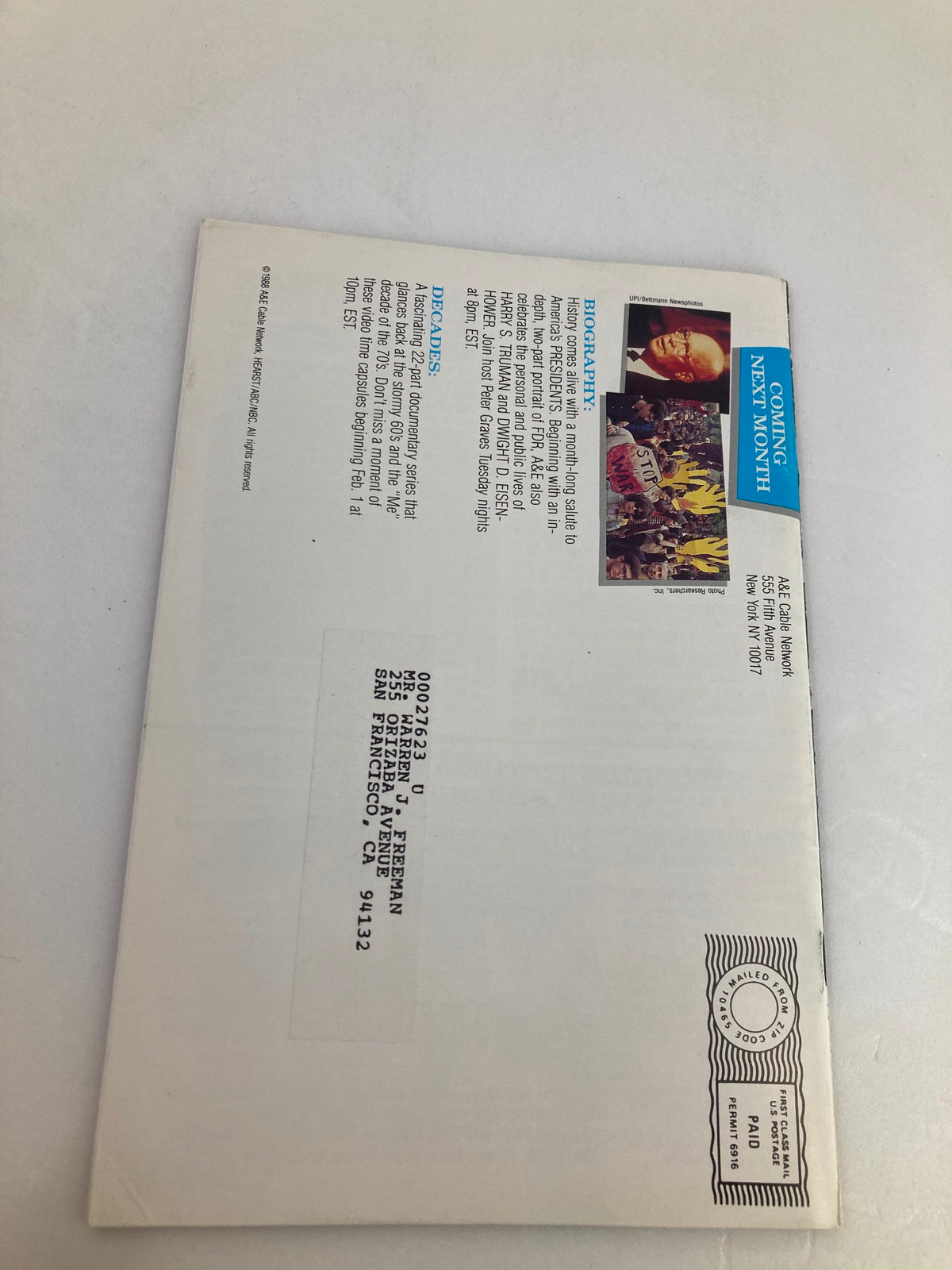 Back cover of the VTG A&E Cable Network Program Guide for January 1989, titled 'The Eagle and The Bear,' showcasing programming highlights and mailing details.