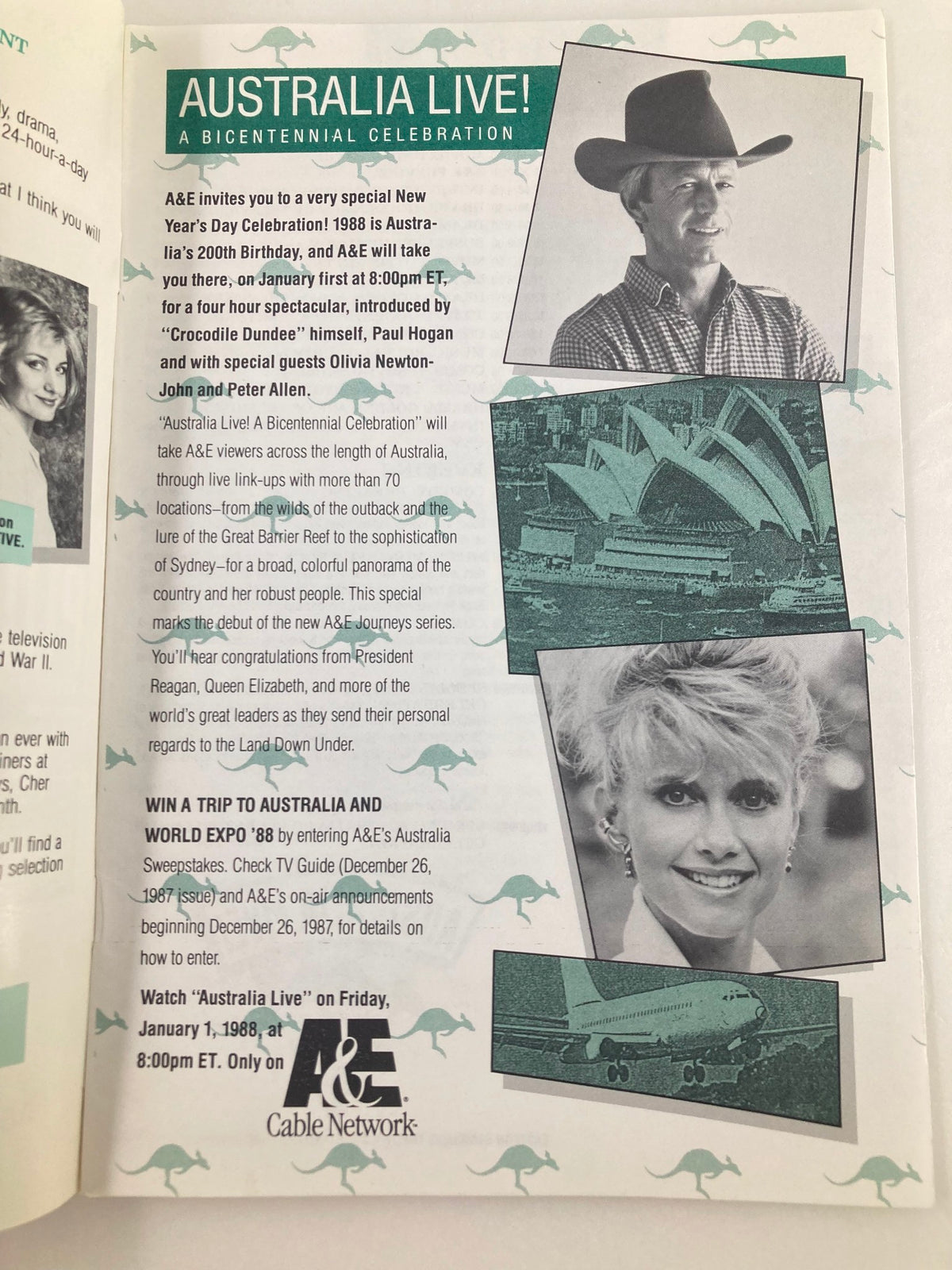 Interior page of the January 1988 A&E Program Guide highlighting 'Australia Live!', a Bicentennial Celebration, with details about a New Year's Day special hosted by Paul Hogan.