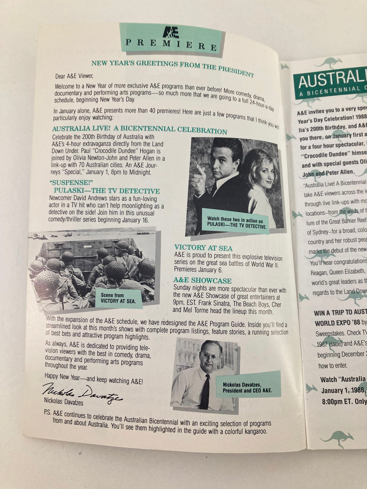 Another interior page of the January 1988 A&E Program Guide, offering a greeting from the president of A&E, featuring announcements about upcoming shows including 'Pulaski: The TV Detective'.