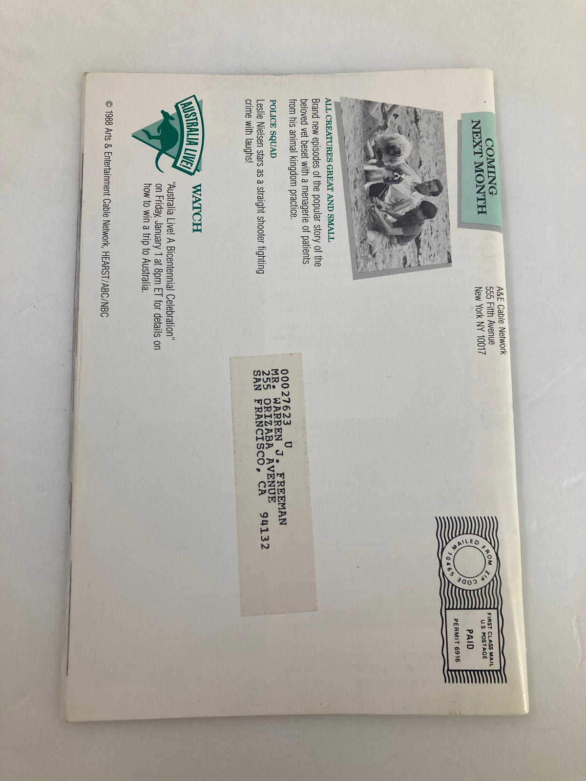 Back cover of the January 1988 A&E Program Guide displaying promotional content and details related to upcoming shows, with a focus on 'Australia Live!'