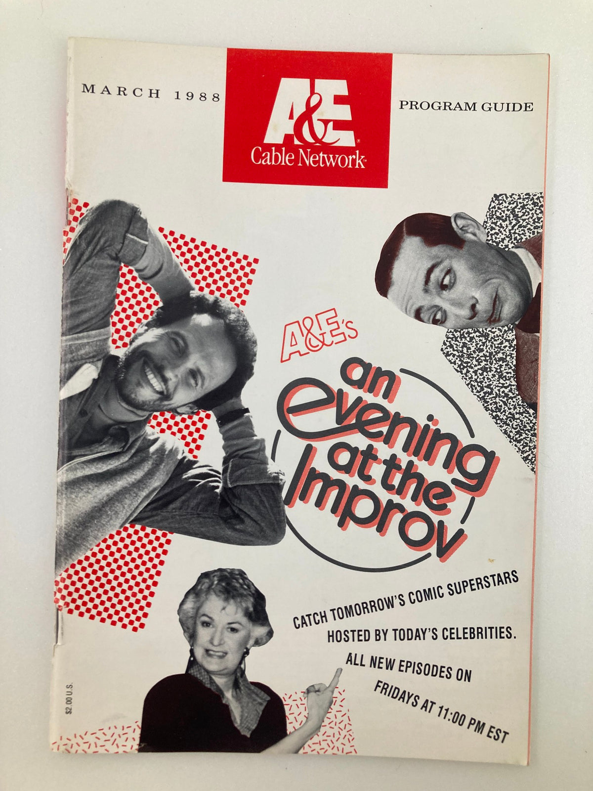 Cover of the VTG A&E Cable Network Program Guide from March 1988, featuring 'An Evening at the Improv', showcasing notable comedians from the era.