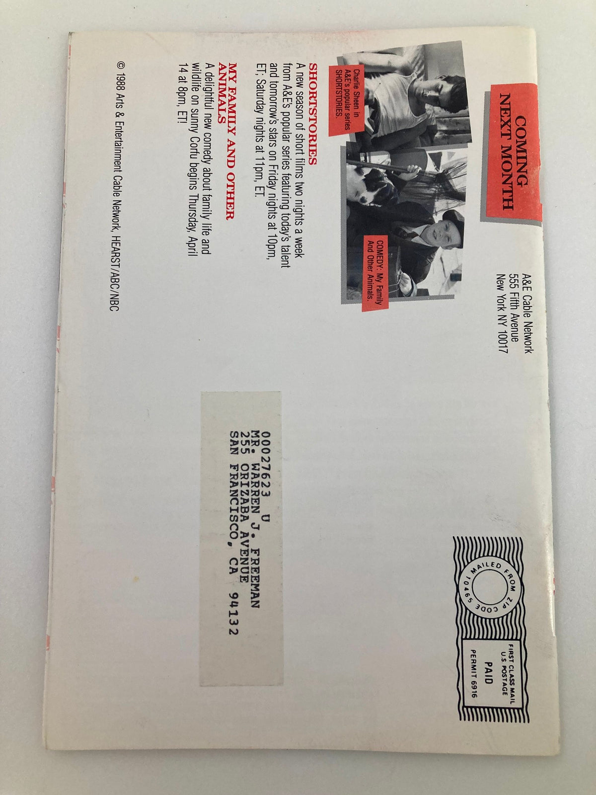 Back cover of the VTG A&E Cable Network Program Guide from March 1988, featuring promotional details for upcoming shows and a mailing label.