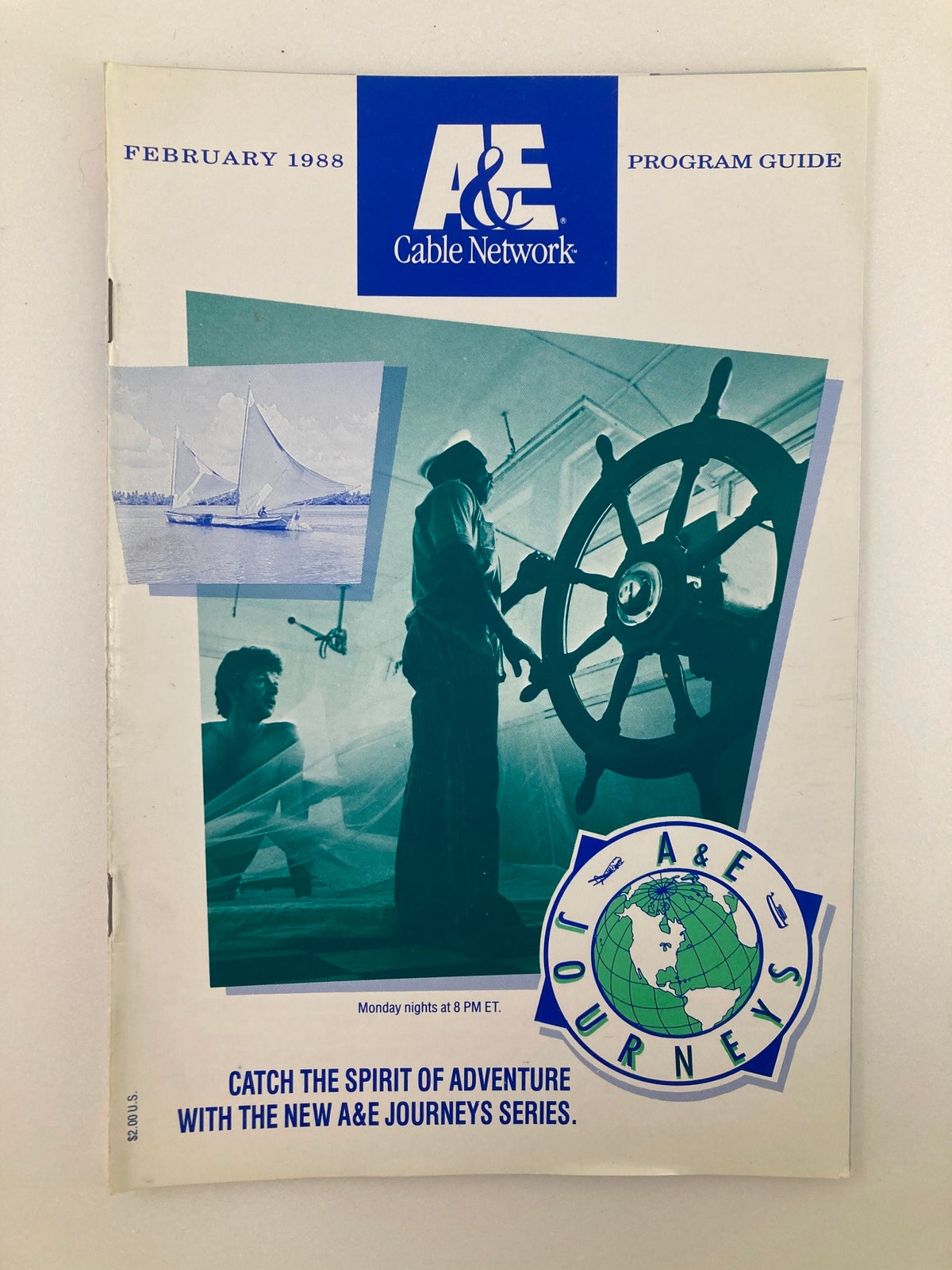 Cover of the VTG A&E Cable Network Program Guide February 1988, featuring the theme 'Catch The Spirit of Adventure' with an adventurous image and the A&E logo.