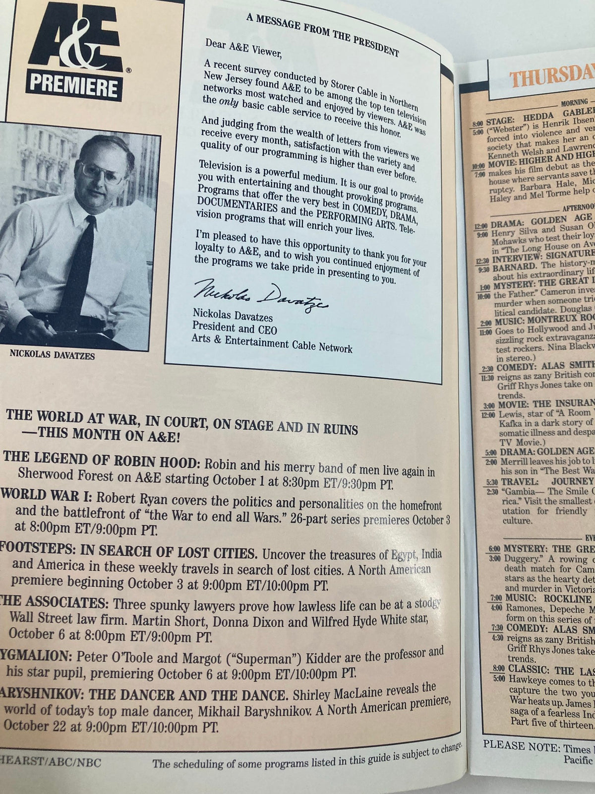 Interior page of the VTG A&E Cable Network Program Guide, October 1987, showcasing a message from President Nickolas Davatzes, including program listings for the month.