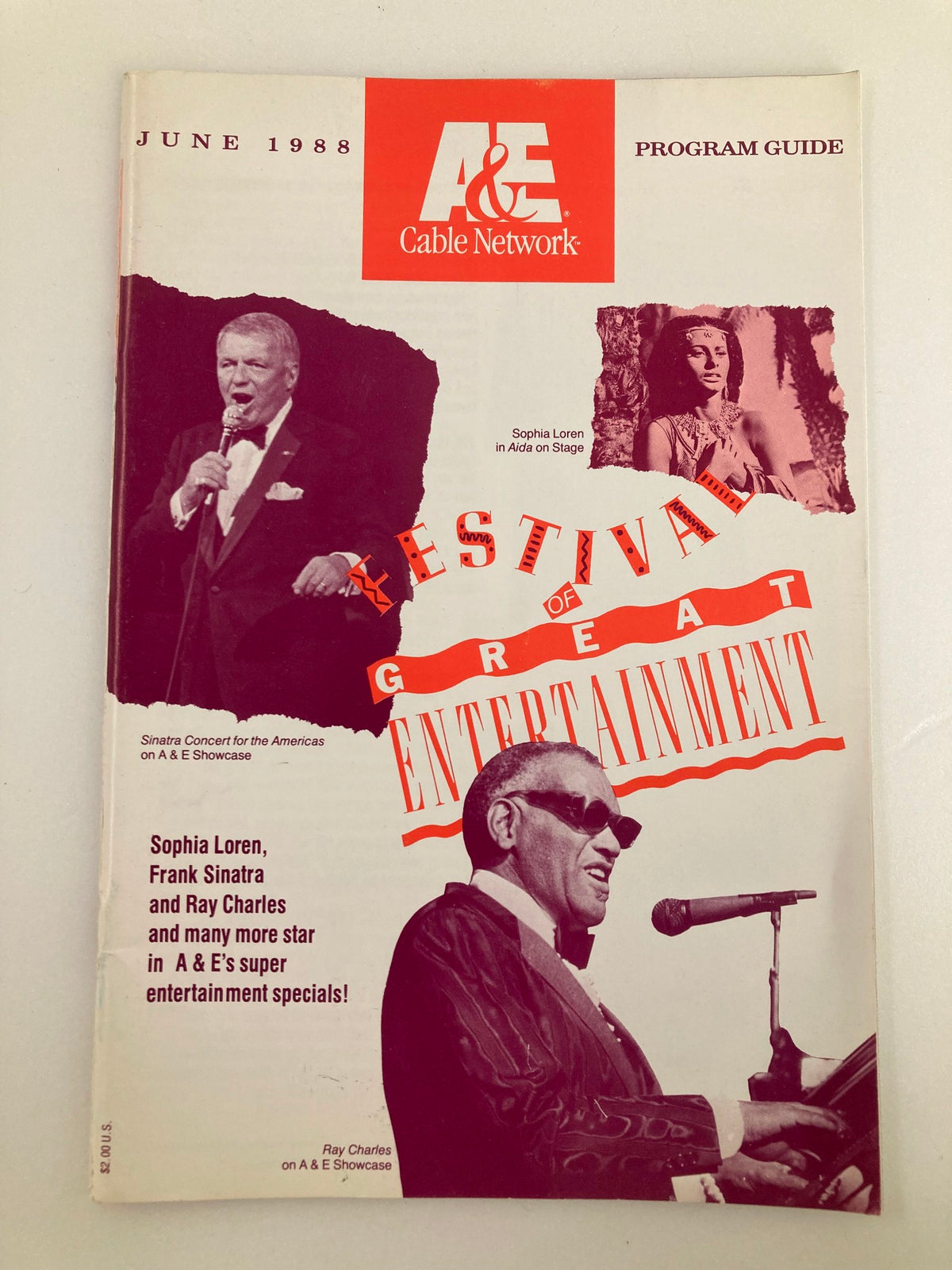 VTG A&E Cable Network Program Guide June 1988 cover featuring Frank Sinatra, Sophia Loren, and Ray Charles with the title 'Festival of Great Entertainment'.