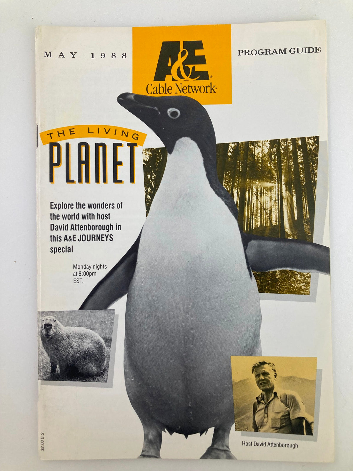 VTG A&E Cable Network Program Guide from May 1988 featuring the Living Planet series with a prominent penguin image on the cover, hosted by David Attenborough.