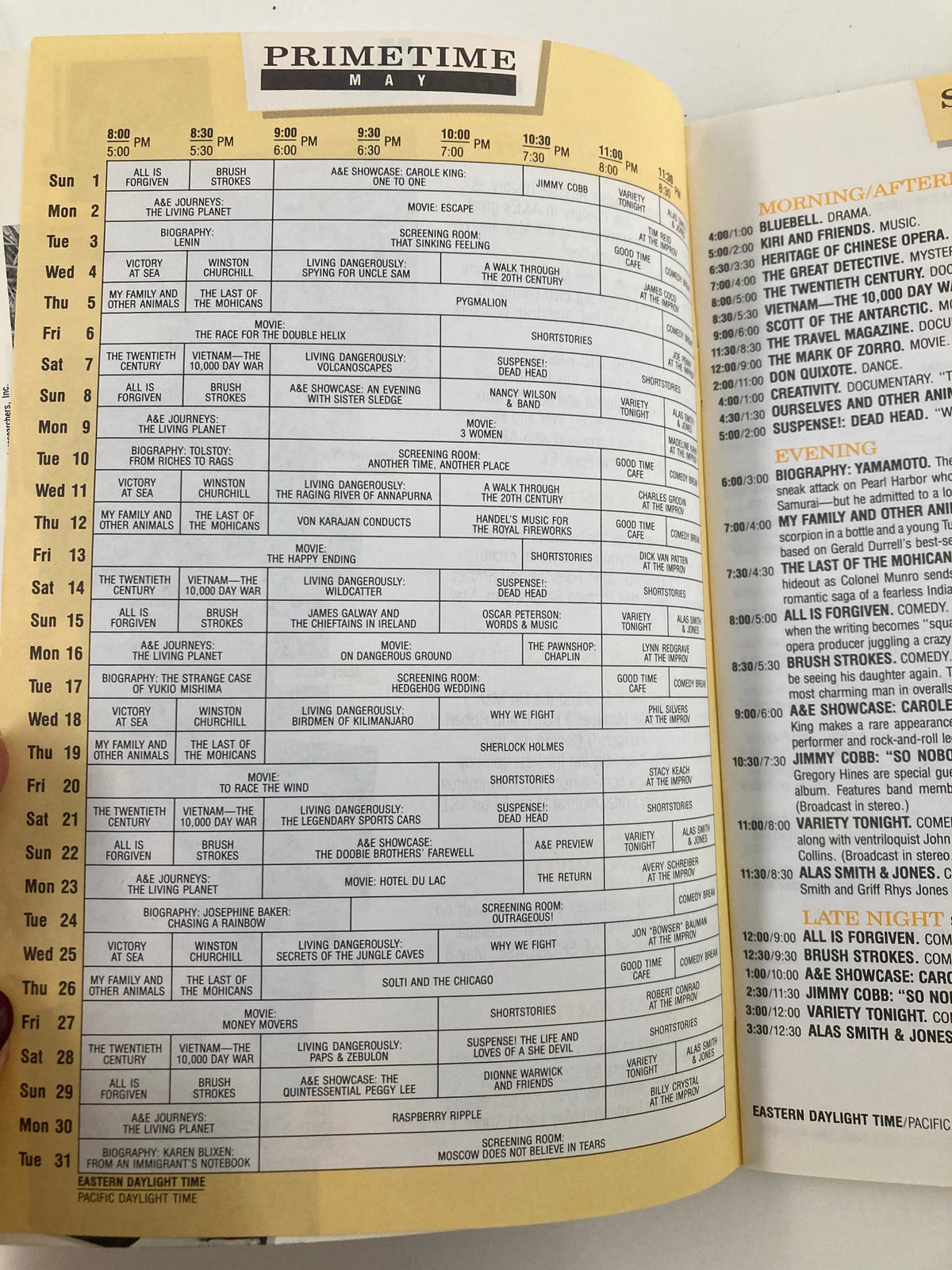 Inside page of the May 1988 A&E Cable Network Program Guide displaying the primetime TV schedule with various show listings, including 'Living Planet'.