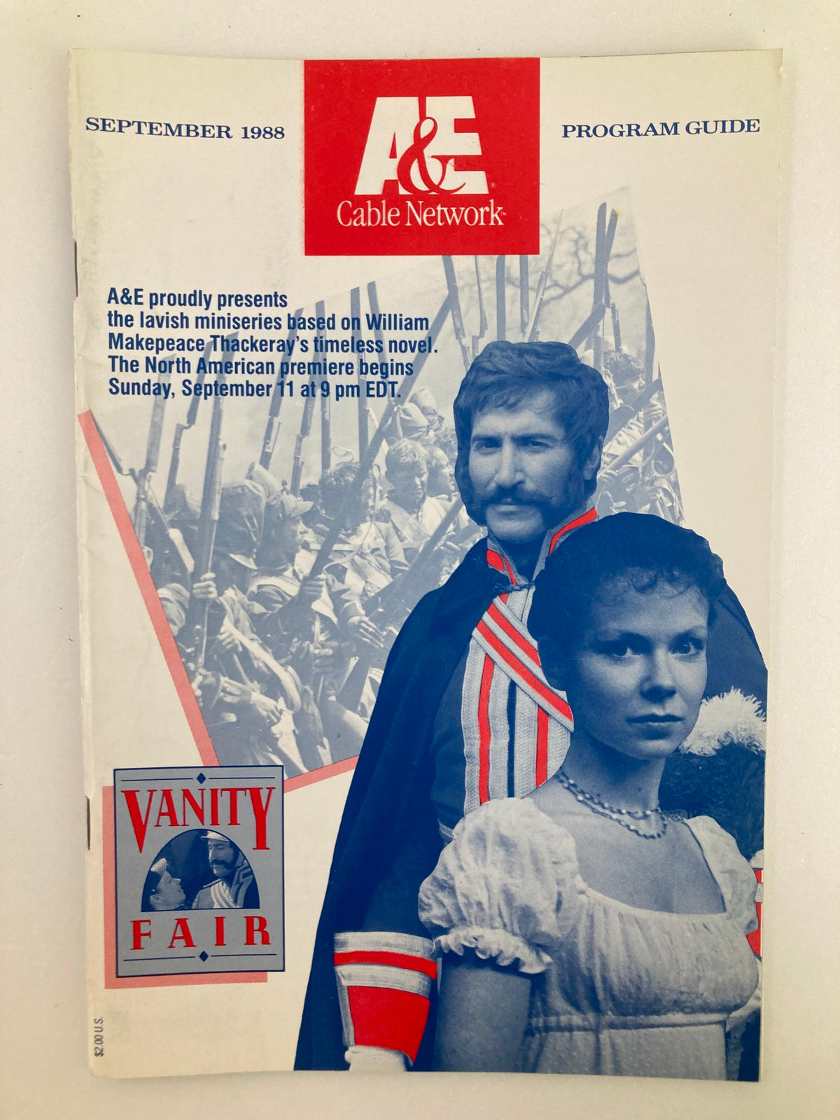 Vintage A&E Cable Network Program Guide from September 1988 featuring a cover illustration related to William Makepeace Thackeray's work. The cover includes promotional details about a miniseries based on his novel.