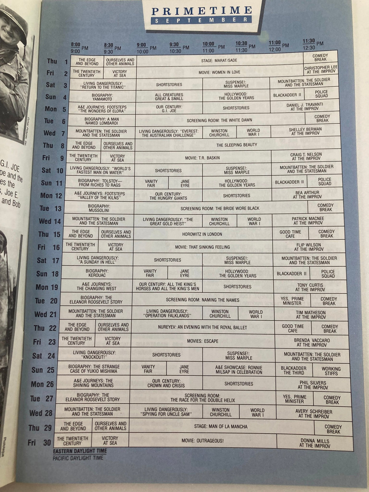 Inside page of the September 1988 A&E Cable Network Program Guide showing a detailed primetime schedule for various shows and events, highlighting the programming of that time.