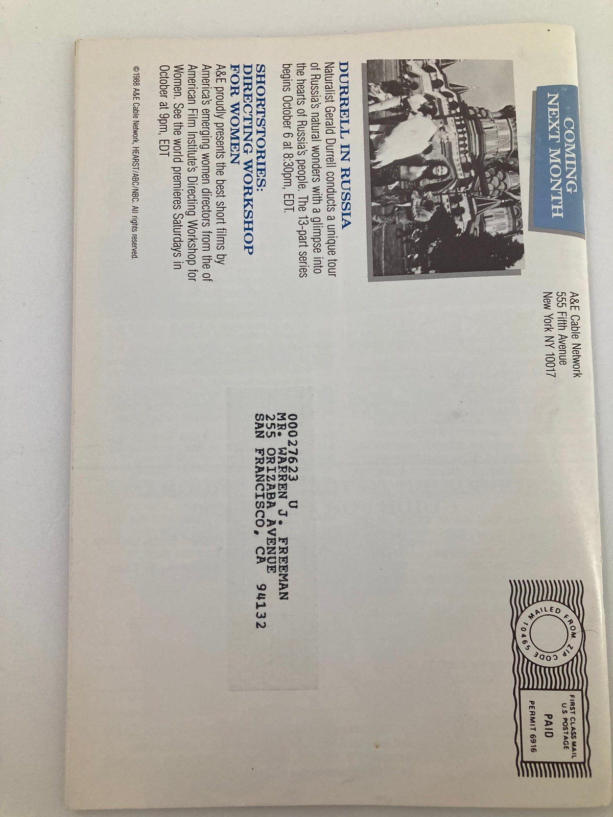 Back cover of the A&E Cable Network Program Guide from September 1988, featuring a mailing label and promotional information about upcoming programming.