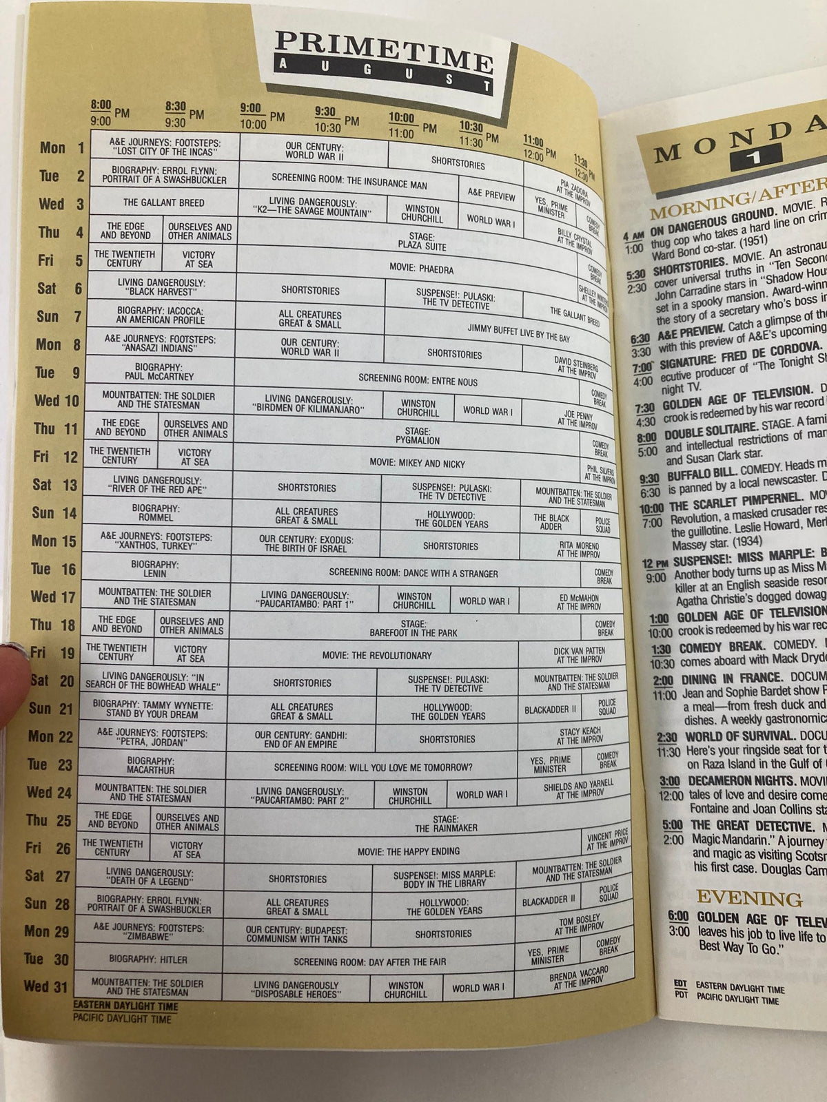 Inside page of VTG A&E Cable Network Program Guide August 1988 showcasing the primetime schedule, highlighting various shows and events with a nostalgic touch.