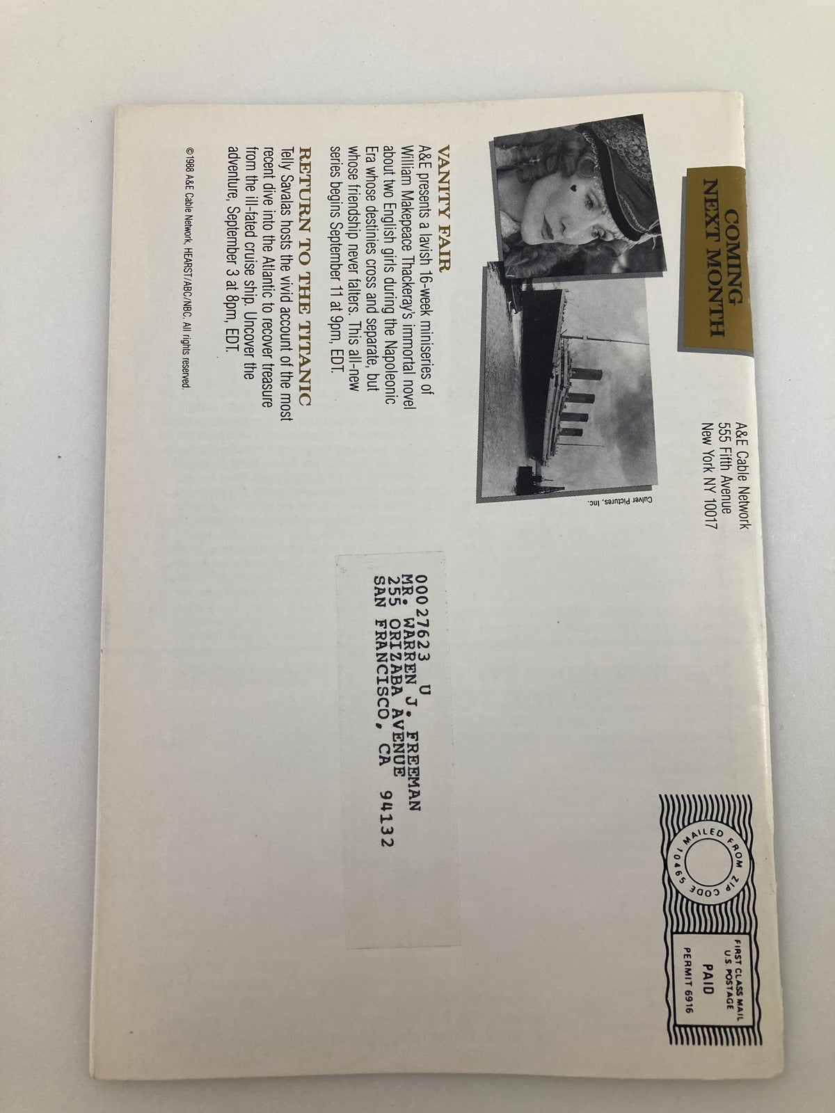 Back cover of VTG A&E Cable Network Program Guide August 1988 featuring a preview of upcoming programs and an address label, emphasizing its collectible nature.