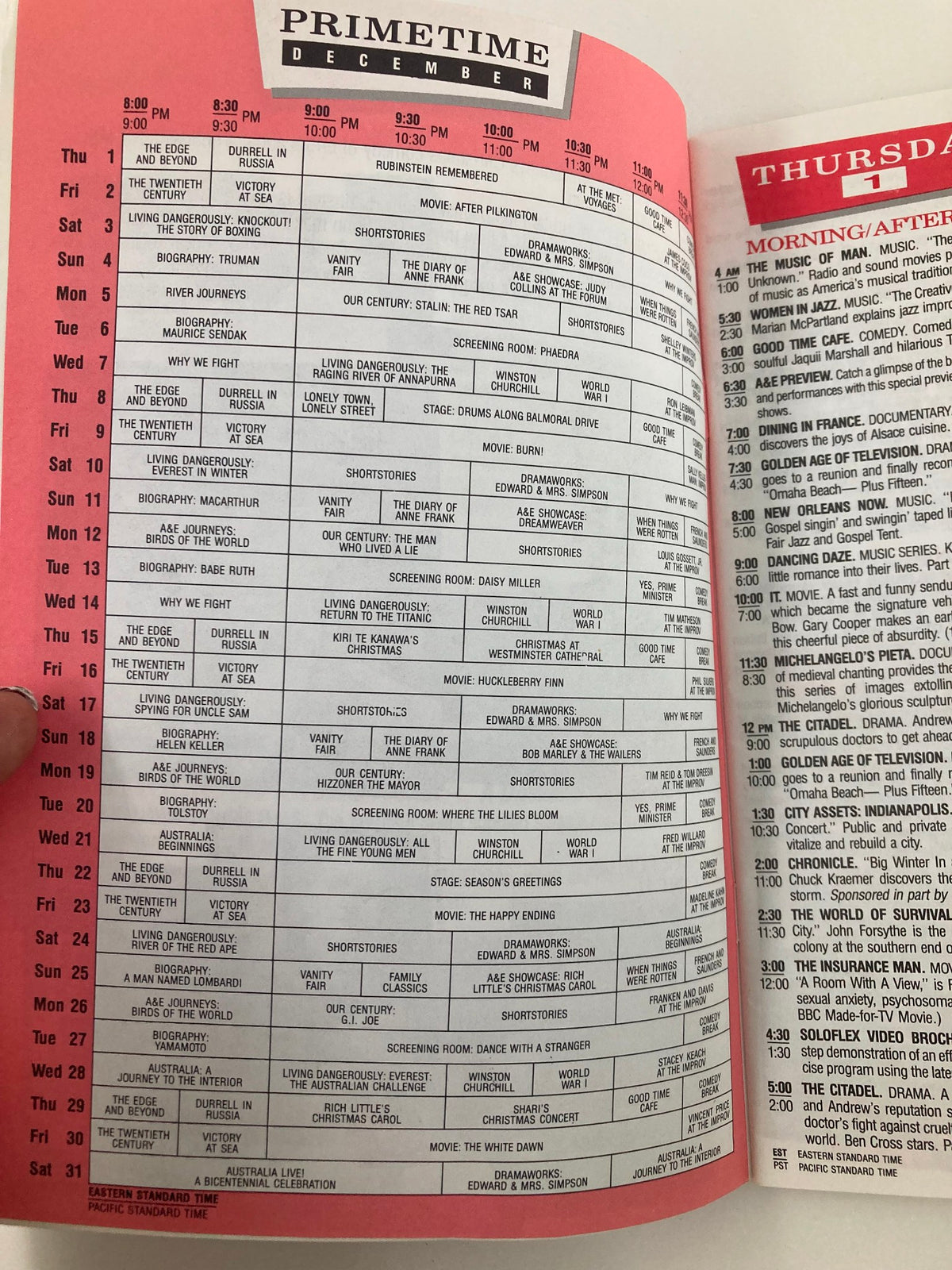 Inside page of the December 1988 A&E Cable Network Program Guide displaying the primetime schedule, illustrating various shows and programming during the holiday season.