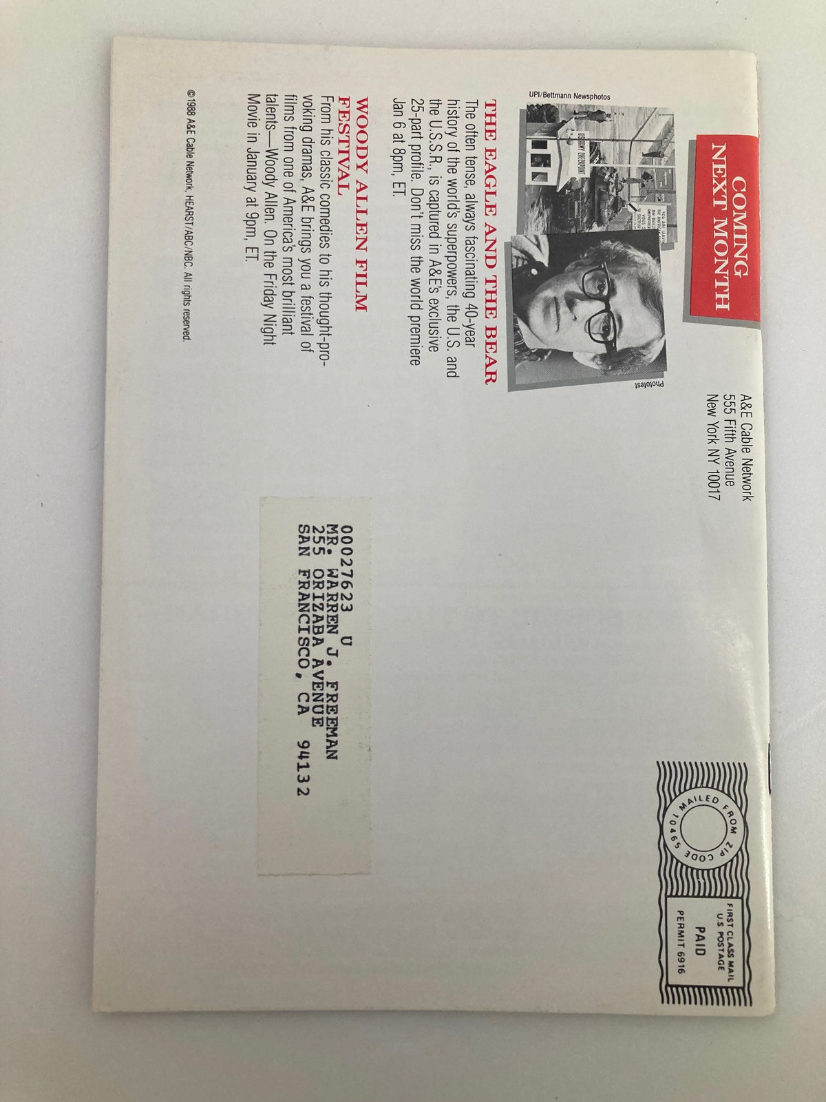 Back cover of the VTG A&E Cable Network Program Guide from December 1988 featuring a preview of upcoming shows including Woody Allen Film Festival. The cover displays details about the show's highlights and features, offering a glimpse into late 80s television programming.