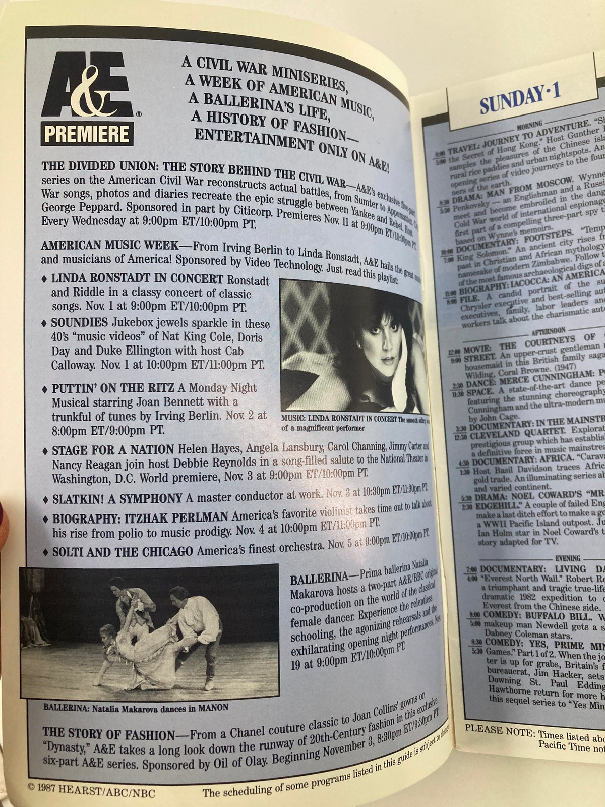 Inside page of VTG A&E Cable Network Program Guide November 1987 Vol 3 #2 highlighting programming features including 'The Divided Union' and other A&E shows.