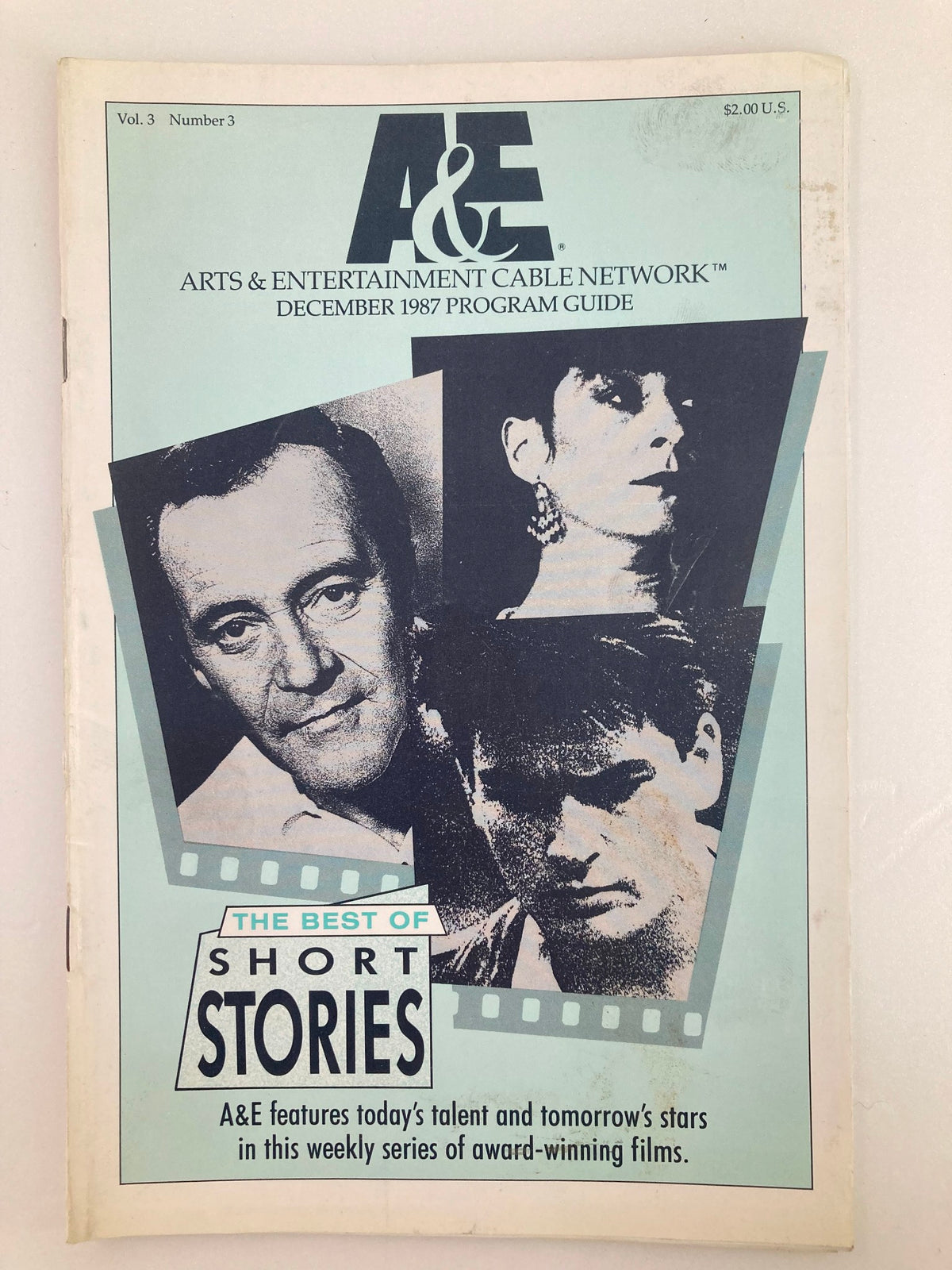 Cover of the A&E Cable Network Program Guide - December 1987, Vol. 3, No. 3: Best Short Stories featuring artistic design with black and white images of actors, highlighting the theme 'The Best of Short Stories'.