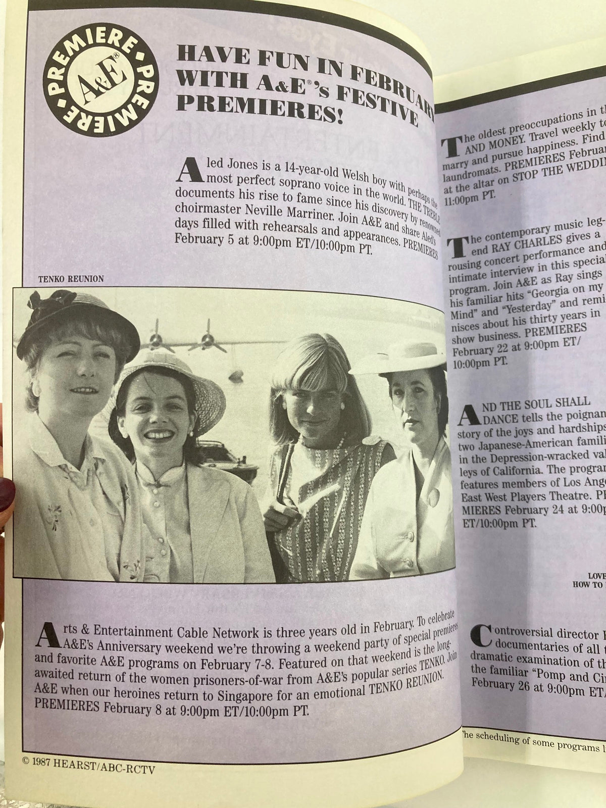 Interior page of the VTG A&E Cable Network Program Guide February 1987, showcasing promotional content about A&E's special premieres, including details about the 'Tenko Reunion' event.