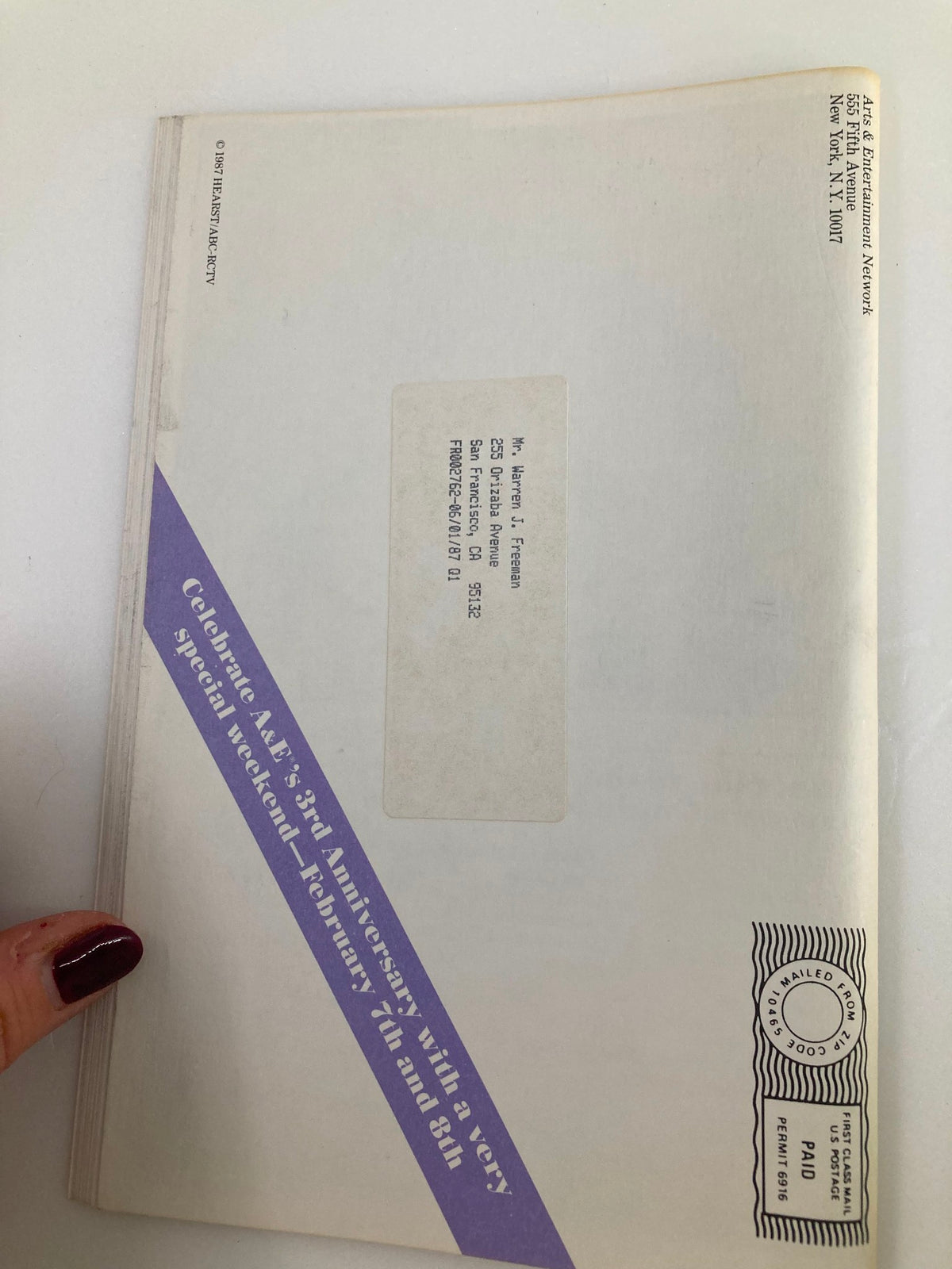 Back cover of the VTG A&E Cable Network Program Guide February 1987, featuring mailing information and an announcement about A&E's 3rd anniversary celebration, dated February 7-8.