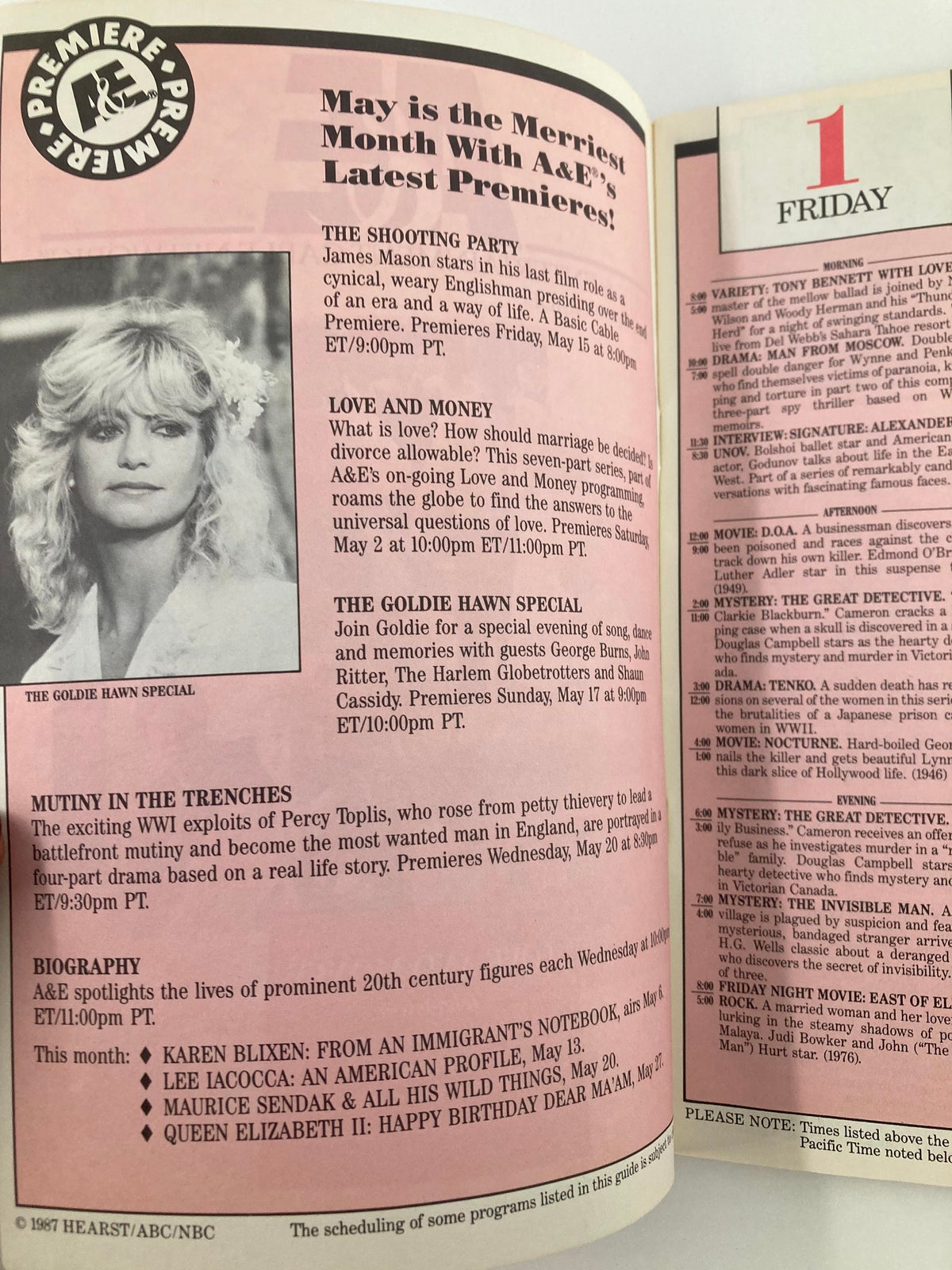 Inside page of the A&E Cable Network Program Guide, May 1987, showcasing the schedule and premiere programs including 'Love and Money'.