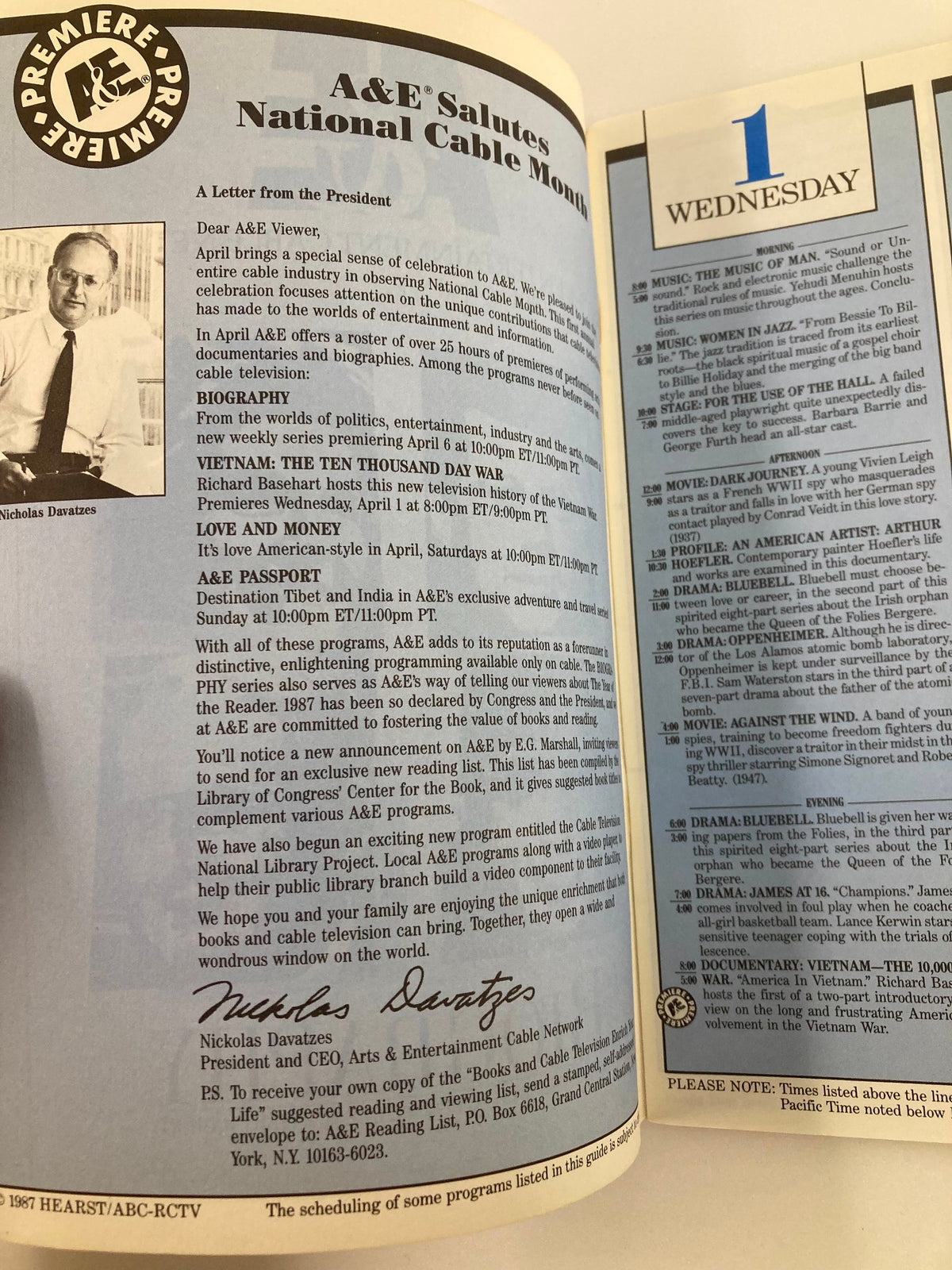 Inside page of the VTG A&E Cable Network Program Guide April 1987 Vol 2 #7, featuring a letter from President Nicholas Davatzes and details on upcoming A&E programs.