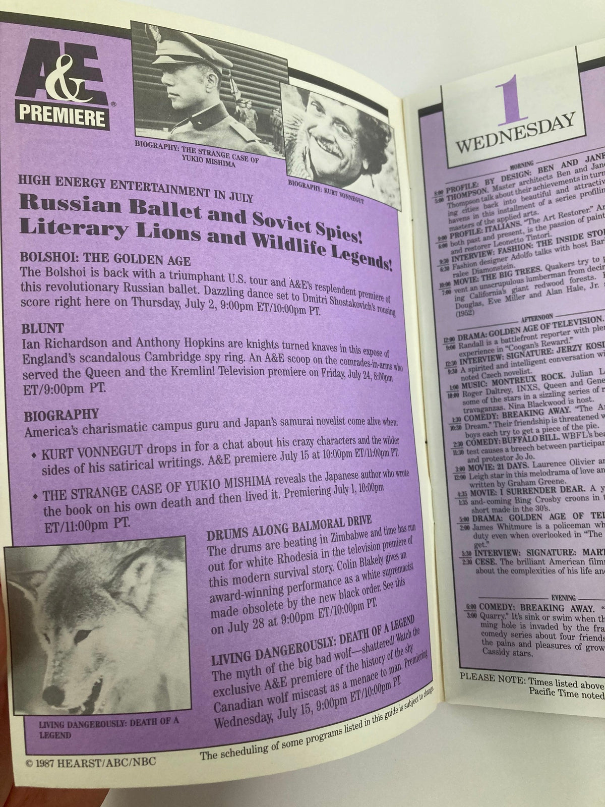 Inside page of the VTG A&E Cable Network Program Guide July 1987 Vol 2 #10 showcasing program descriptions including Russian ballet and literary figures, along with listings of entertainment.