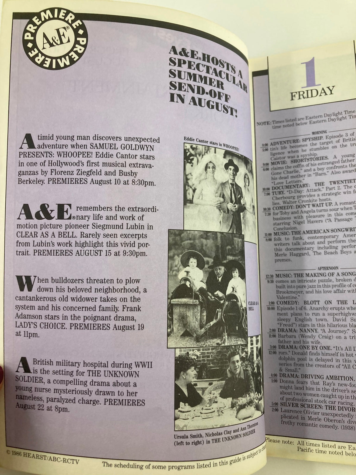 Inside page of the VTG A&E Cable Network Program Guide August 1986 Vol 1 #11 showcasing Eddie Cantor's role in 'Whoopee!' along with programming details and highlights from the 1980s.