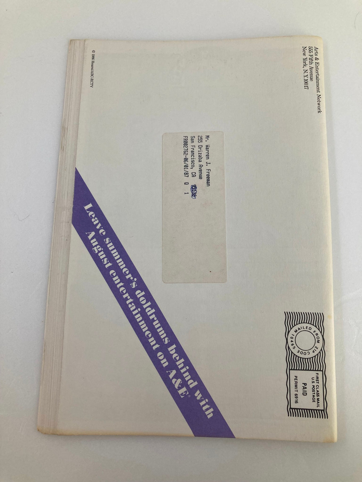 Back cover of the VTG A&E Cable Network Program Guide August 1986 Vol 1 #11 with a message about August entertainment on A&E, including a mailing address.