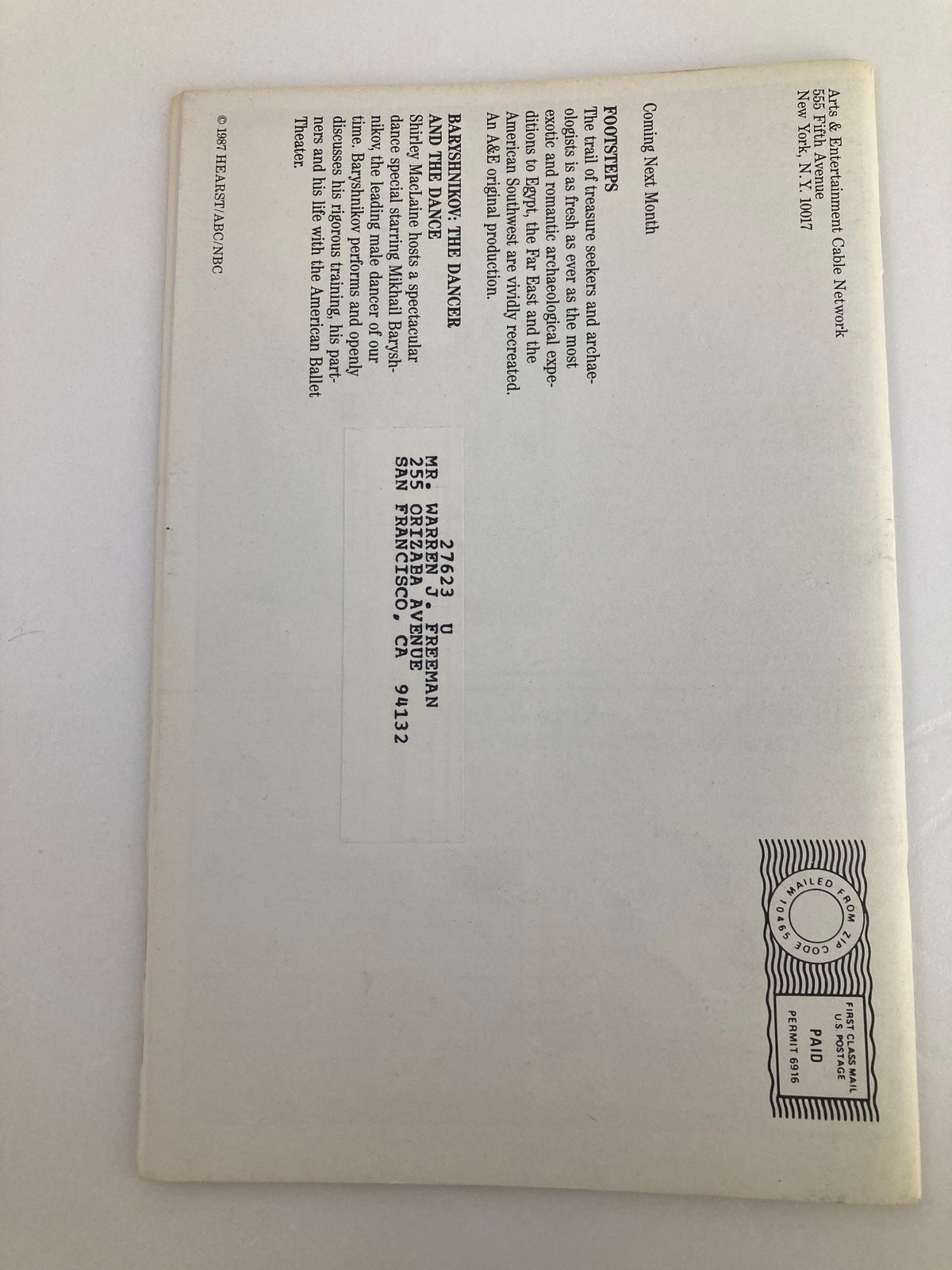 Back cover of the VTG A&E Cable Network Program Guide September 1987 Vol 2 #12, displaying mailing information and promotional content, preserving the vintage aesthetic of the magazine.