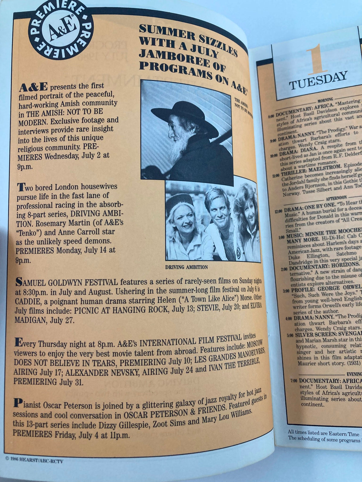 Inside details of the VTG A&E Cable Network Program Guide July 1986 Vol 1 #10 highlighting the programming schedule and features related to Oscar Peterson & Friends.