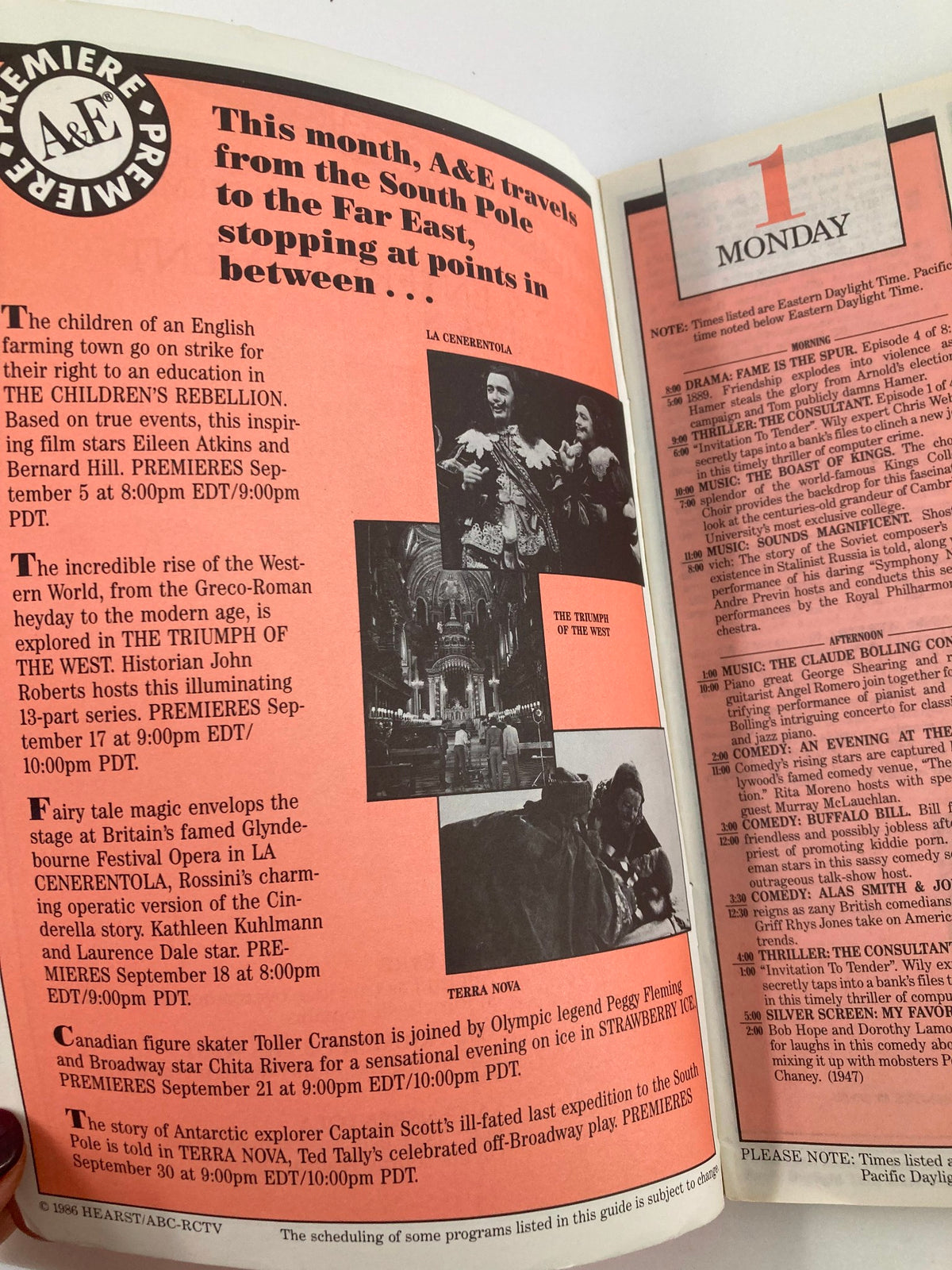 Interior page of the September 1986 VTG A&E Cable Network Program Guide featuring scheduled programs including 'La Cenerentola' and 'Terra Nova' alongside promotional content for classic adaptations like 'Jane Eyre.'