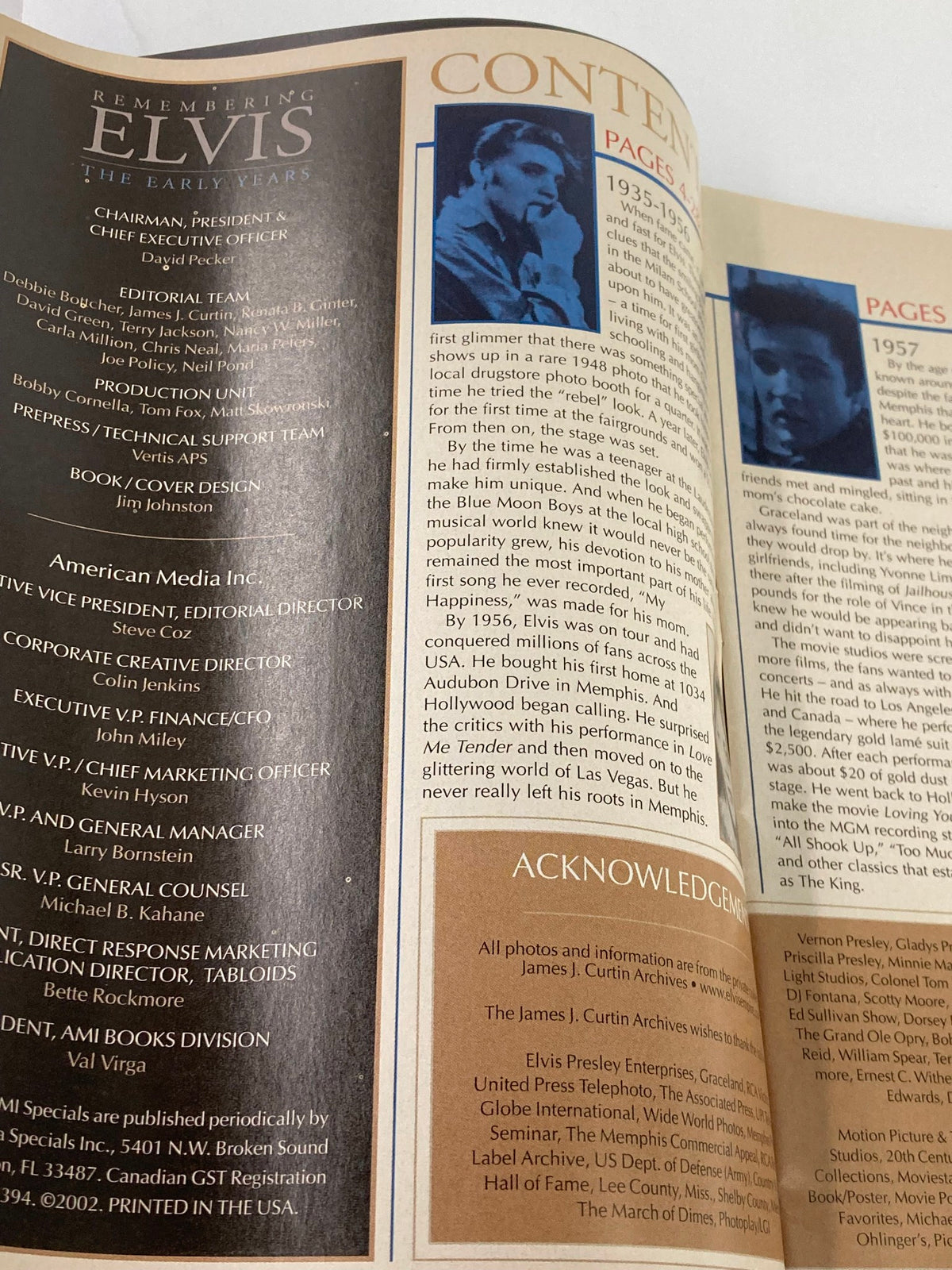Inside page of VTG Remembering Elvis Magazine 2002 showing the table of contents and an early image of Elvis Presley and details about his early years.