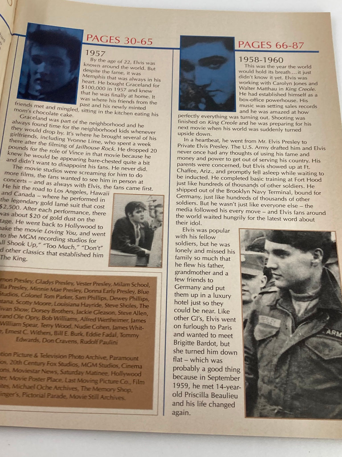 Inside page of VTG Remembering Elvis Magazine 2002 with details about Elvis Presley's life from 1957 to 1960, including personal anecdotes and milestones.