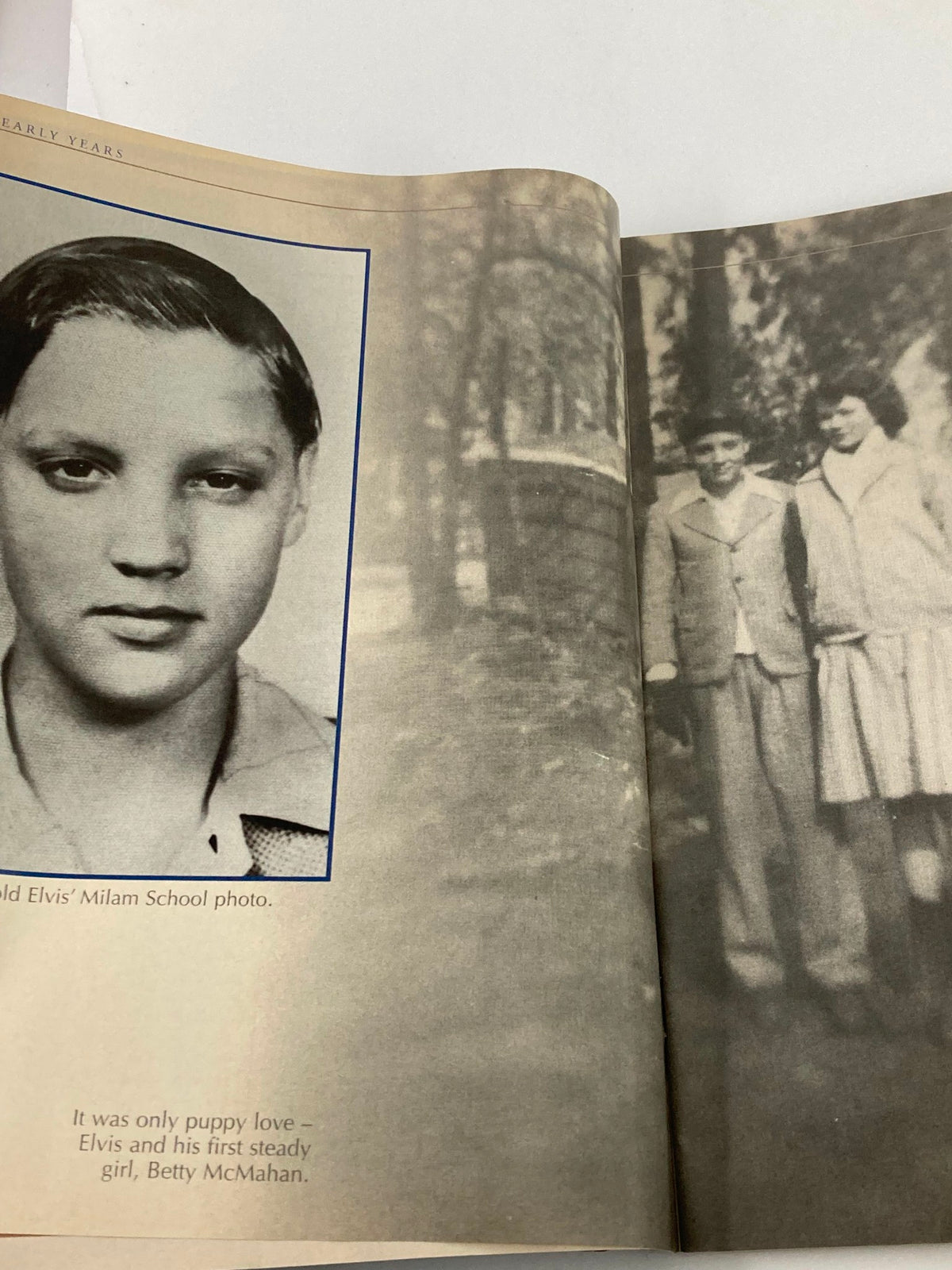 Inside page of VTG Remembering Elvis Magazine 2002 displaying an old photo of Elvis Presley from his school days alongside a description.