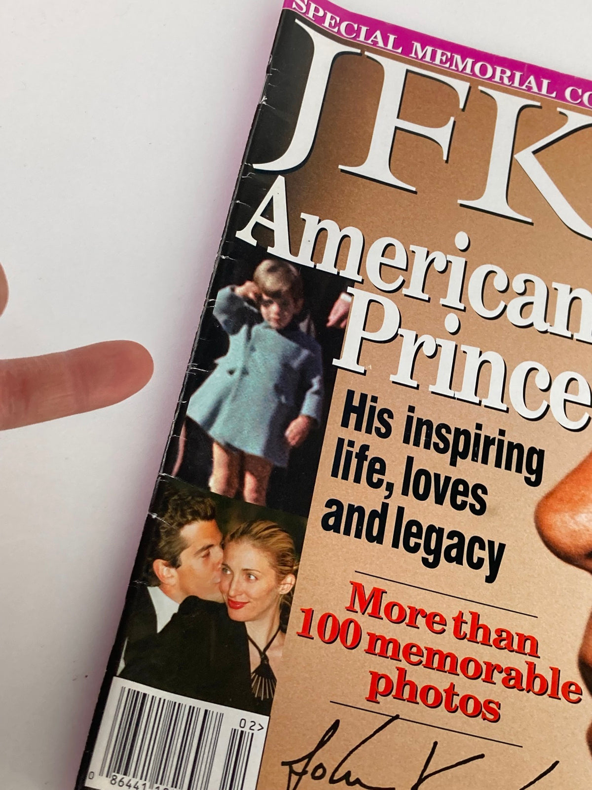 Close-up of the 1999 Vintage Tribute to John F. Kennedy Jr. Magazine cover, highlighting the text 'American Prince' and notable photographs of JFK Jr. alongside his loved ones.