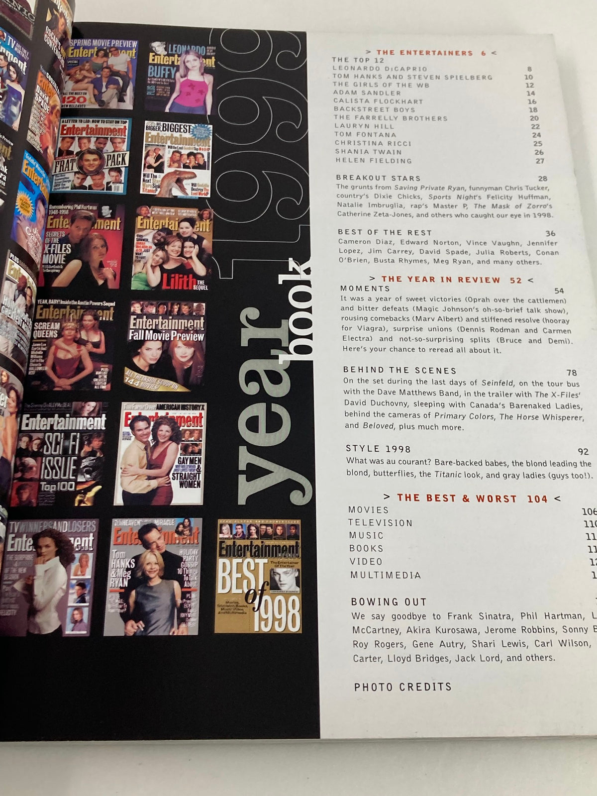Inside page of the VTG Entertainment Weekly Yearbook 1999 displaying various magazine covers and a detailed index of entertainers and highlights from the year.