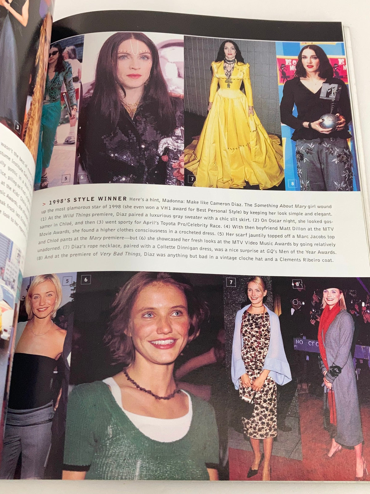 Page from the VTG Entertainment Weekly Yearbook 1999 featuring notable fashion moments with Cameron Diaz and other celebrities in glamorous outfits.